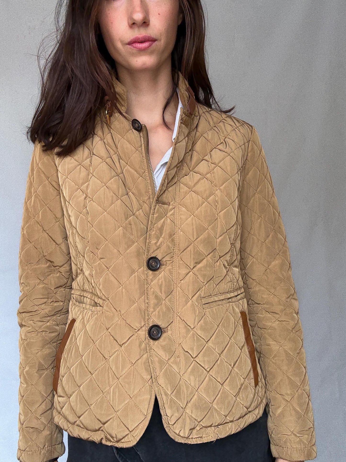 Massimo Dutti tan quilted coat, cotton feel, structured fit, two, button closure, leather, accented pockets, minimalist, US XL, smart casual