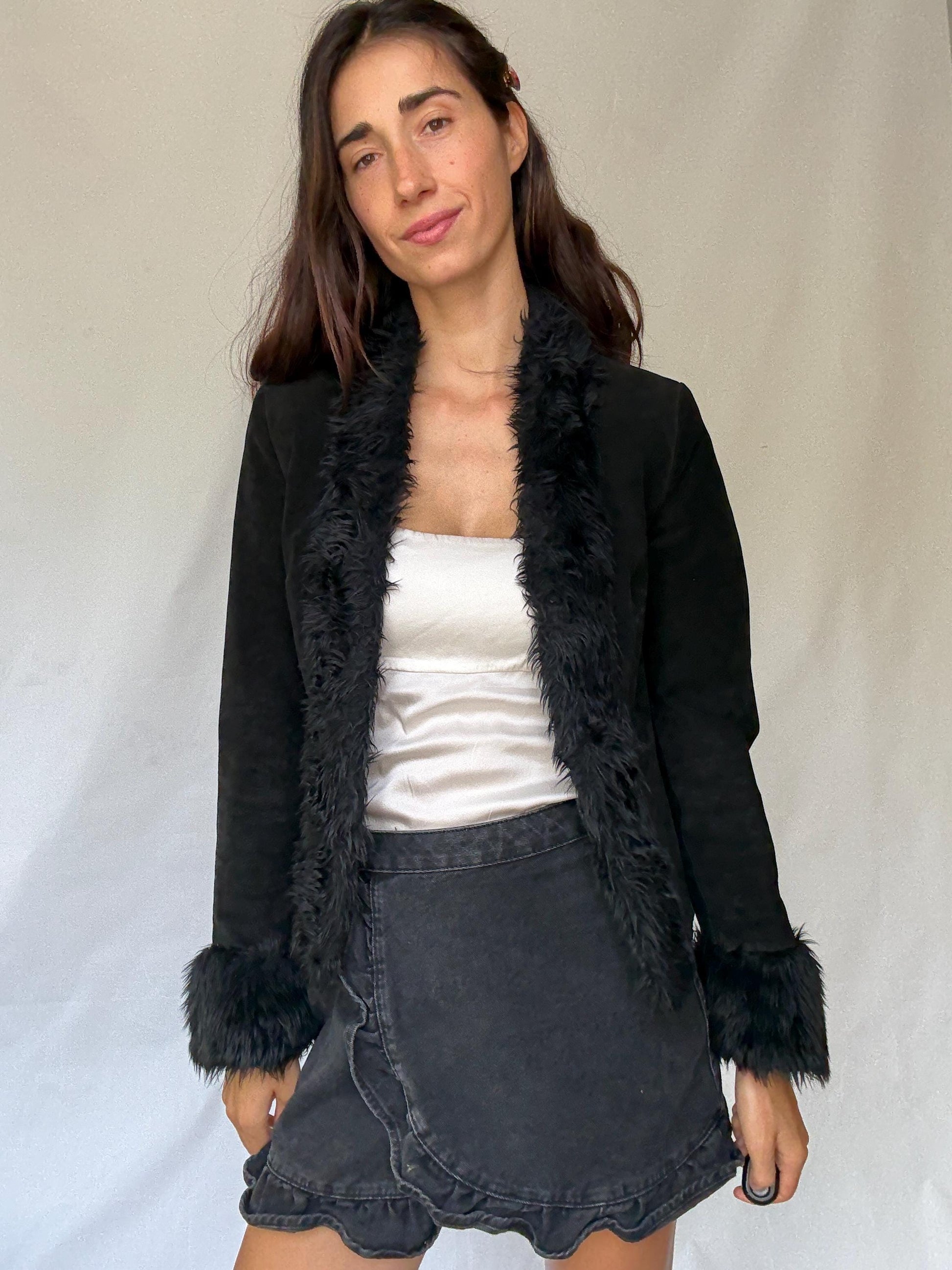 Vintage black suede lammy jacket with faux fur trim, 100% leather short winter coat, Parisian chic women clothing, Emily in paris style
