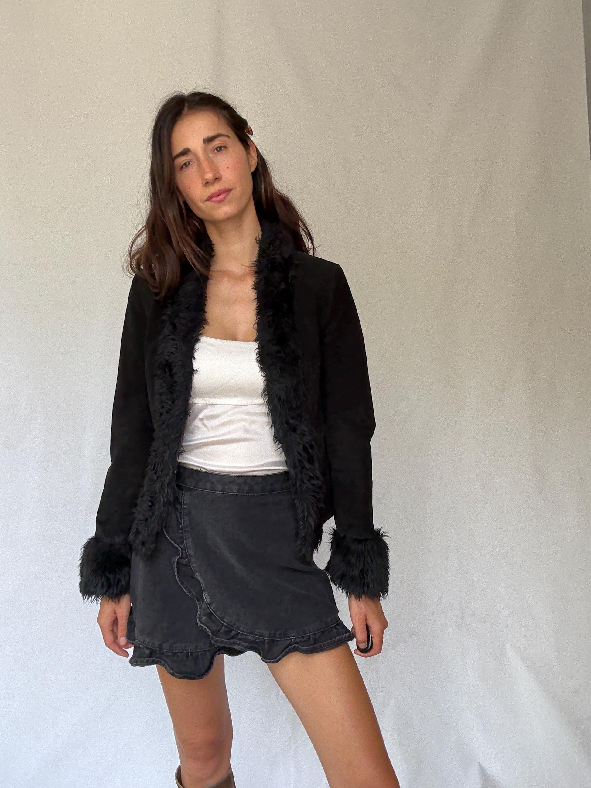 Vintage black suede lammy jacket with faux fur trim, 100% leather short winter coat, Parisian chic women clothing, Emily in paris style