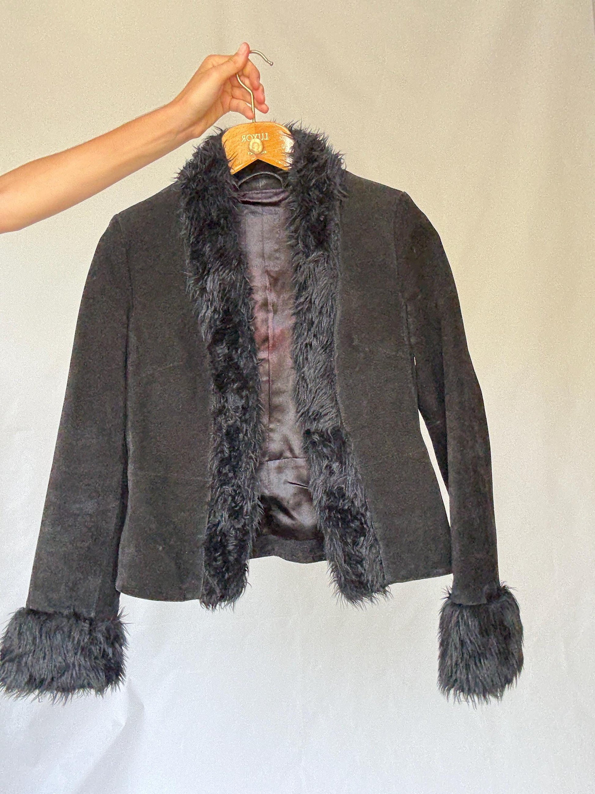 Vintage black suede lammy jacket with faux fur trim, 100% leather short winter coat, Parisian chic women clothing, Emily in paris style