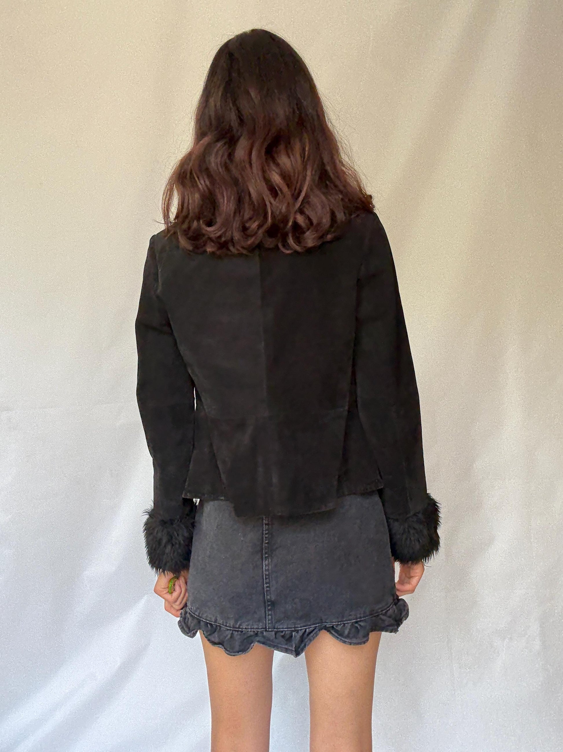 Vintage black suede lammy jacket with faux fur trim, 100% leather short winter coat, Parisian chic women clothing, Emily in paris style