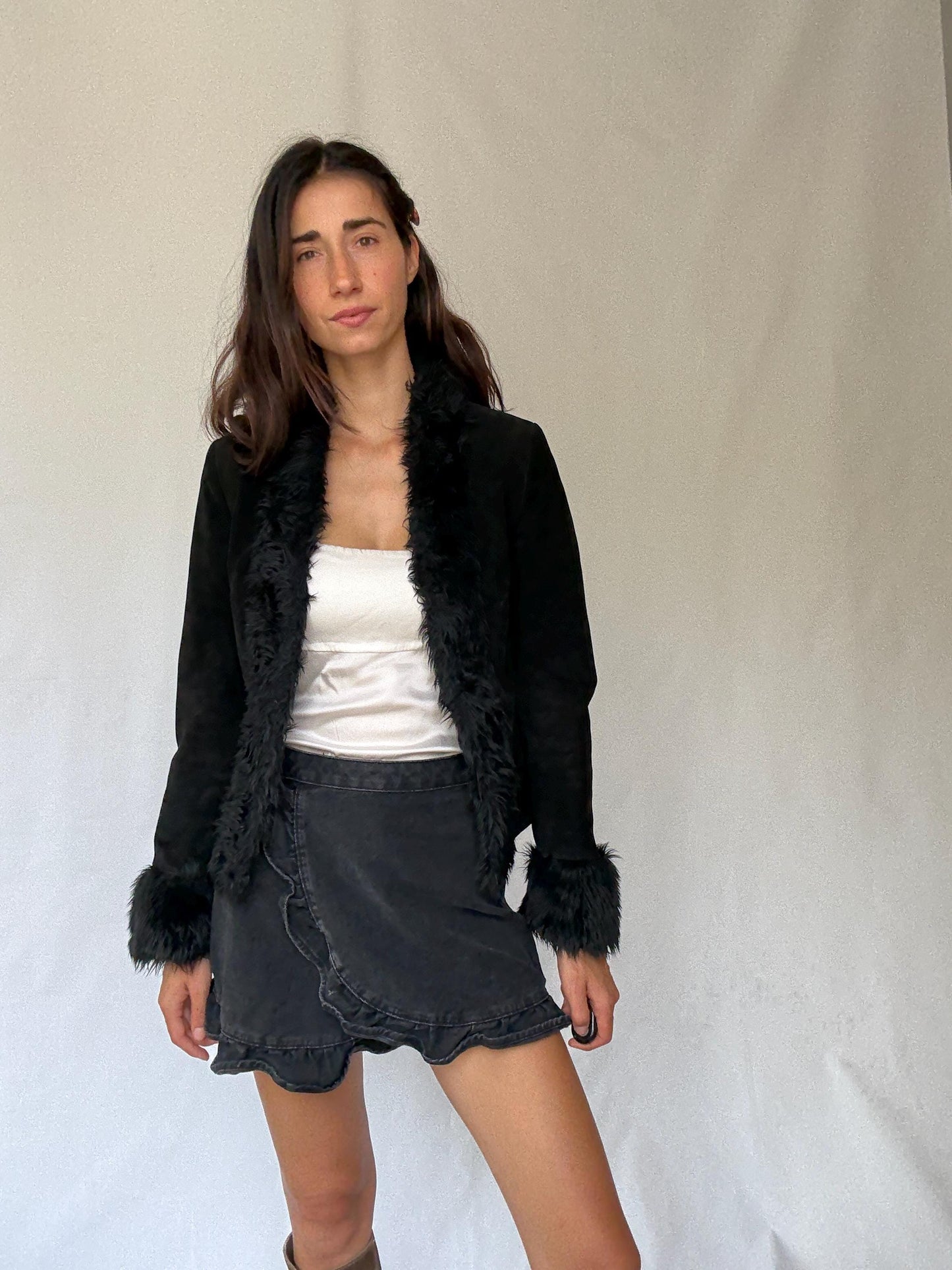 Vintage black suede lammy jacket with faux fur trim, 100% leather short winter coat, Parisian chic women clothing, Emily in paris style