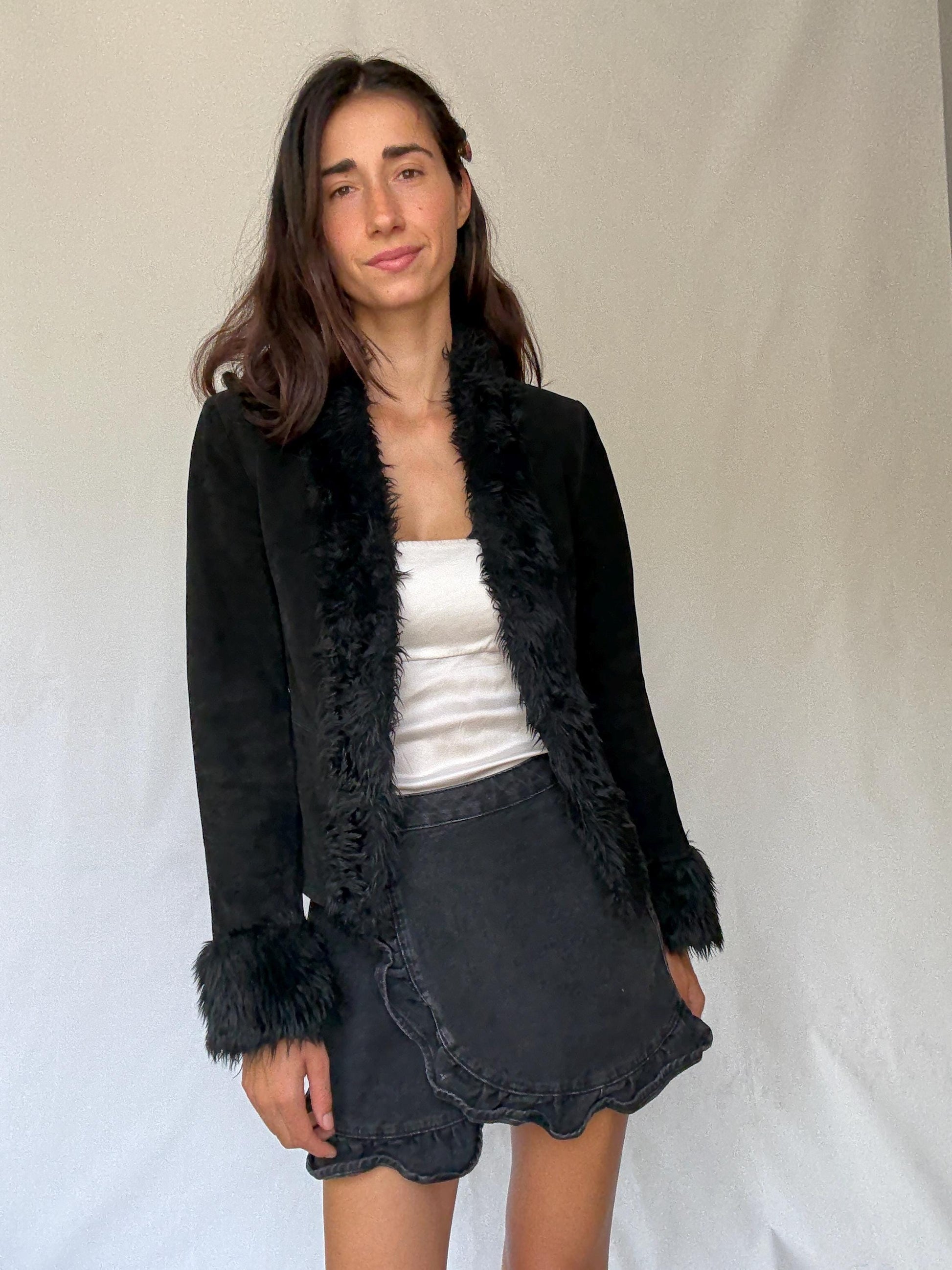 Vintage black suede lammy jacket with faux fur trim, 100% leather short winter coat, Parisian chic women clothing, Emily in paris style