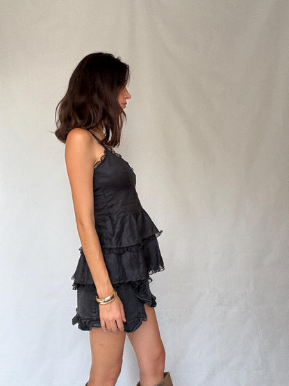 Luxurious Black Rami Preppy V-Neck Camisole — fabric close-up