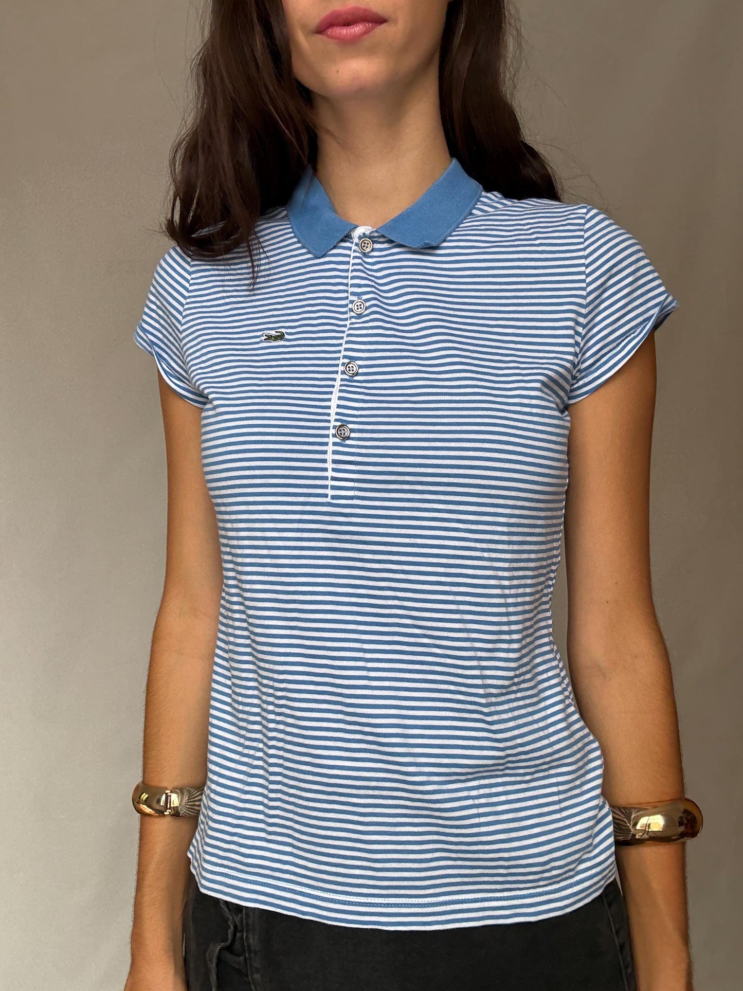 Retro 90s Blue Striped Lacoste Polo Shirt - US Size L - Casual Streetwear Style, Perfect for Vintage Aesthetic Enthusiasts