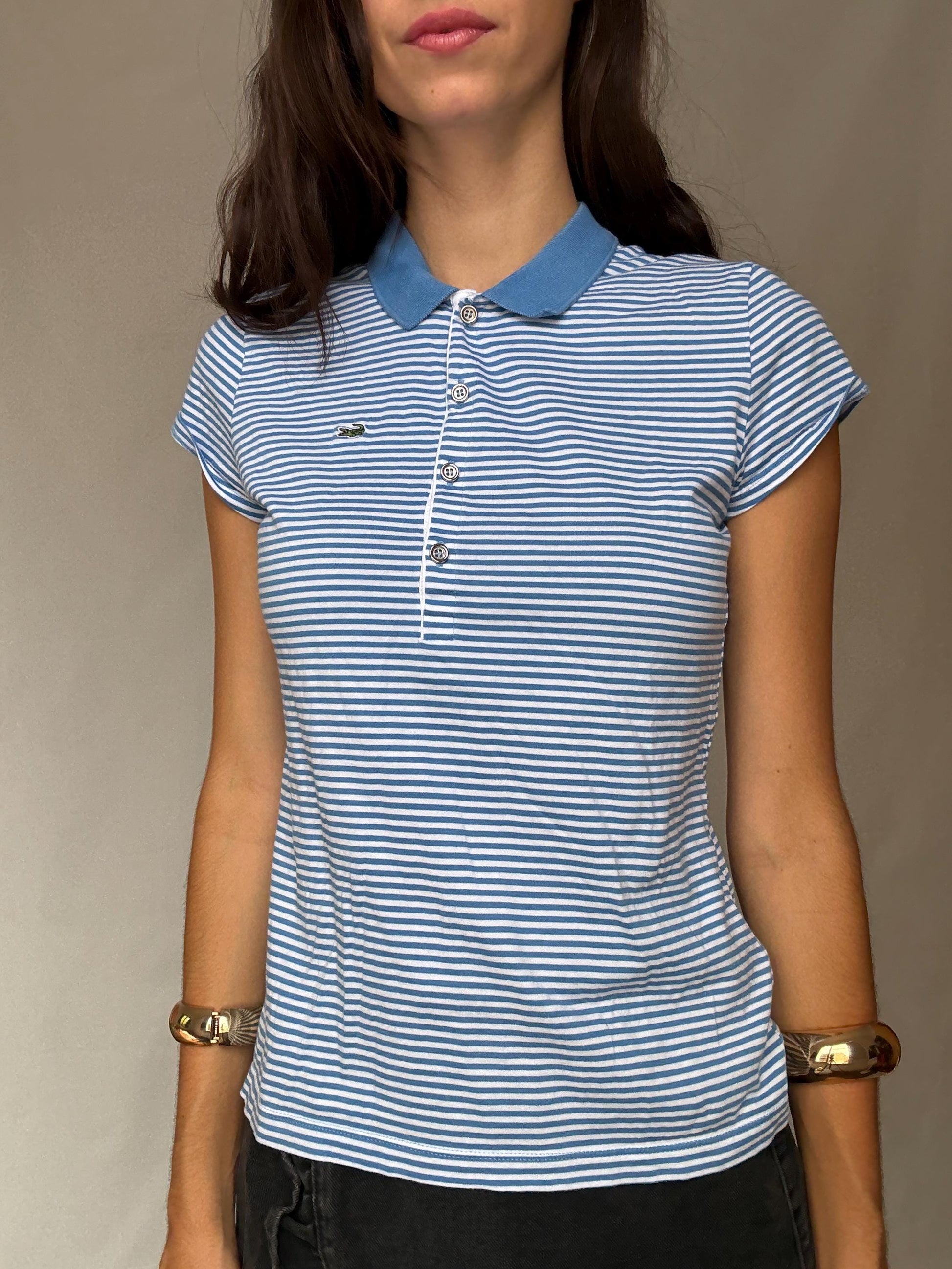 Retro 90s Blue Striped Lacoste Polo Shirt - US Size L - Casual Streetwear Style, Perfect for Vintage Aesthetic Enthusiasts