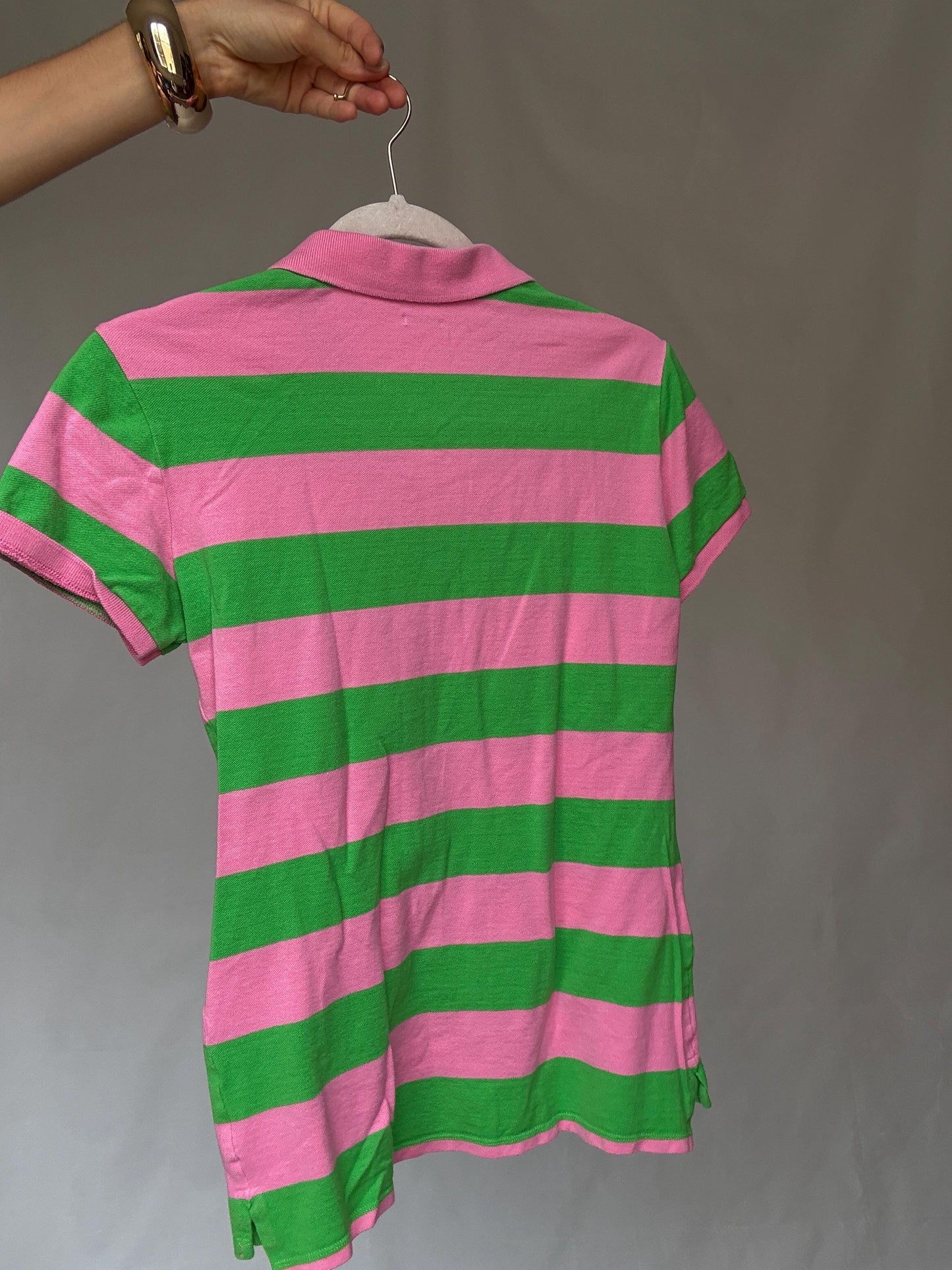 Vibrant Pink and Green Striped Polo Shirt, Preppy Style, Size L Slim Fit, Ideal for Casual and Y2K Aesthetics, made in Spain