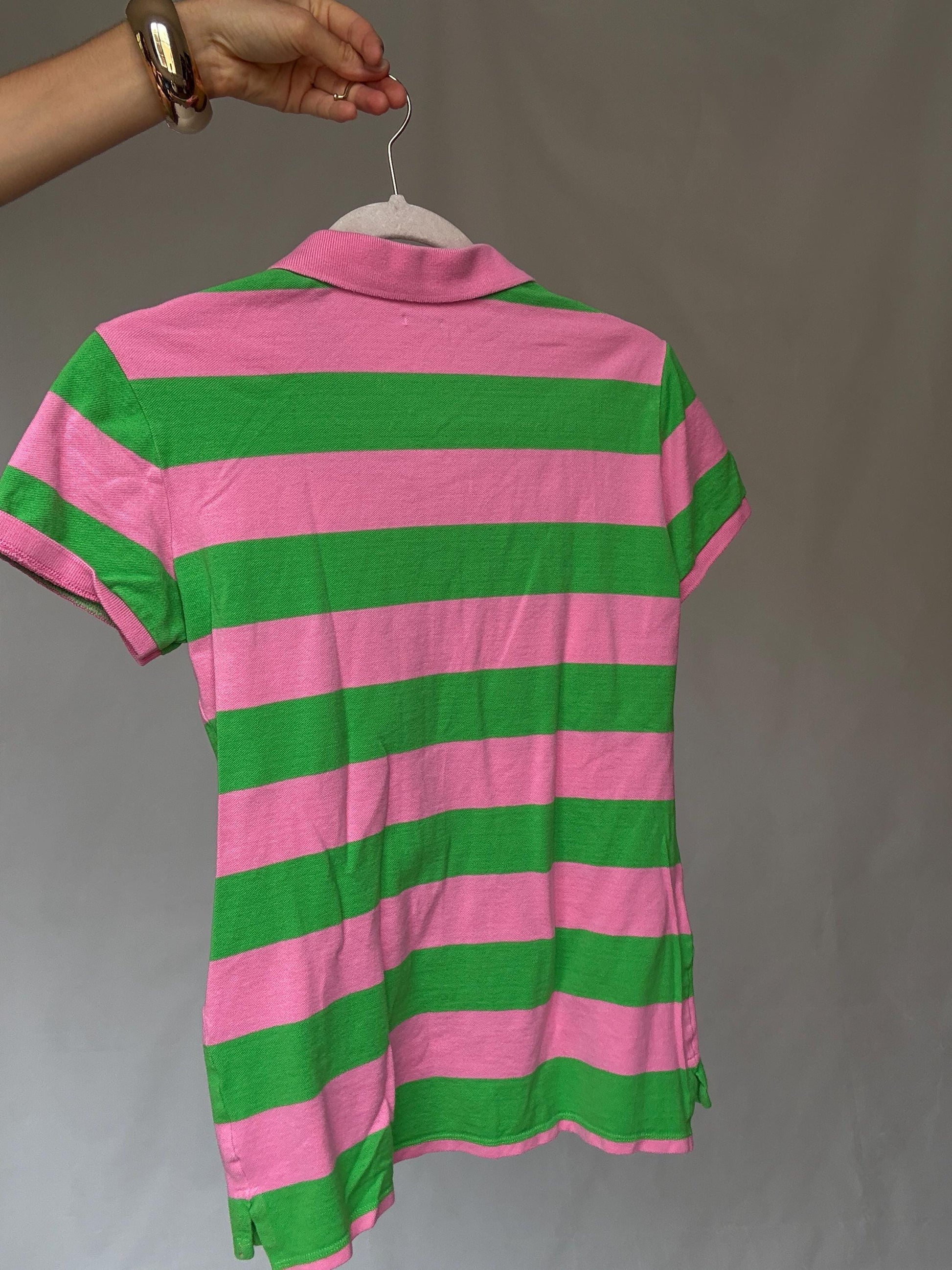 Vibrant Pink and Green Striped Polo Shirt, Preppy Style, Size L Slim Fit, Ideal for Casual and Y2K Aesthetics, made in Spain