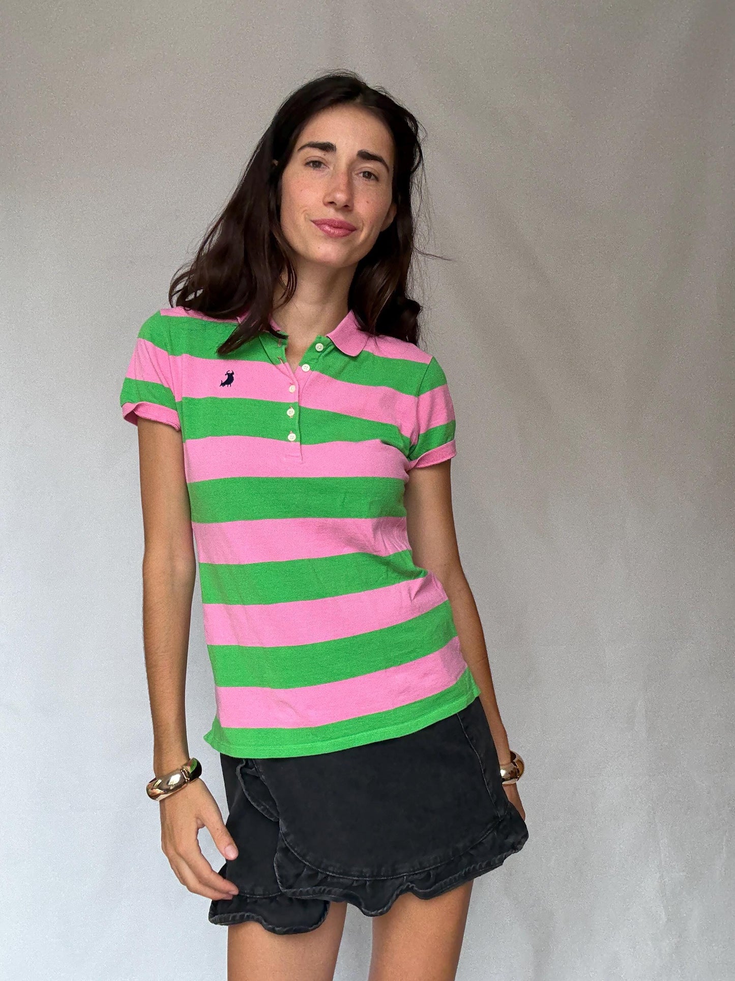Vibrant Pink and Green Striped Polo Shirt, Preppy Style, Size L Slim Fit, Ideal for Casual and Y2K Aesthetics, made in Spain