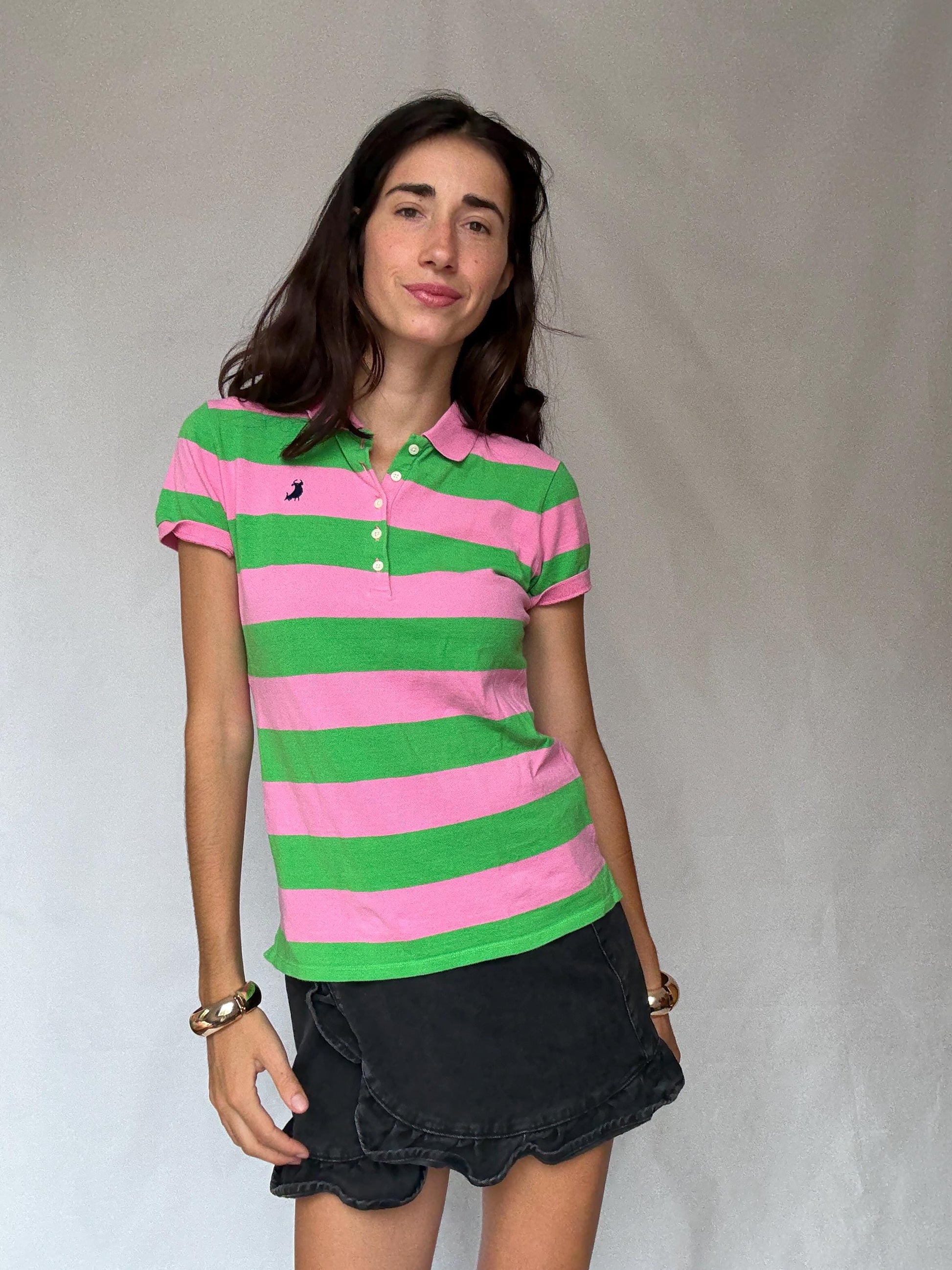 Vibrant Pink and Green Striped Polo Shirt, Preppy Style, Size L Slim Fit, Ideal for Casual and Y2K Aesthetics, made in Spain
