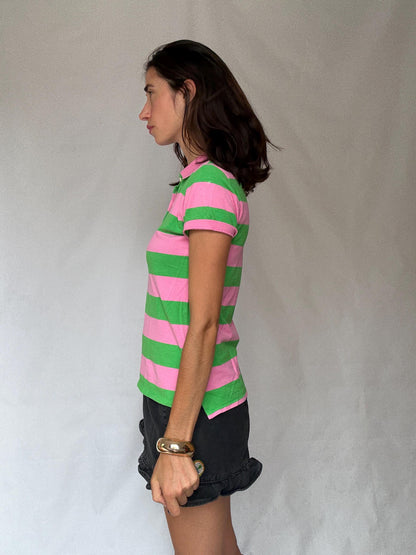 Pink and Green Striped Polo Shirt — fabric close-up