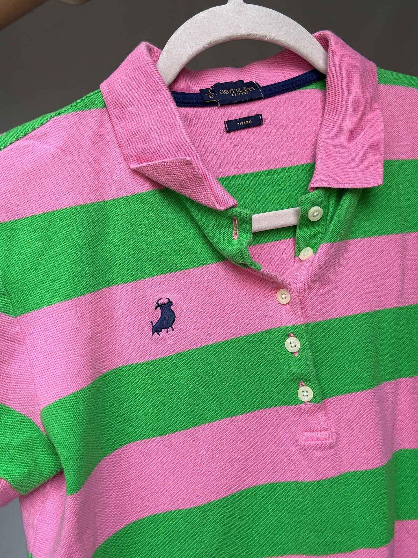 Vibrant Pink and Green Striped Polo Shirt, Preppy Style, Size L Slim Fit, Ideal for Casual and Y2K Aesthetics, made in Spain