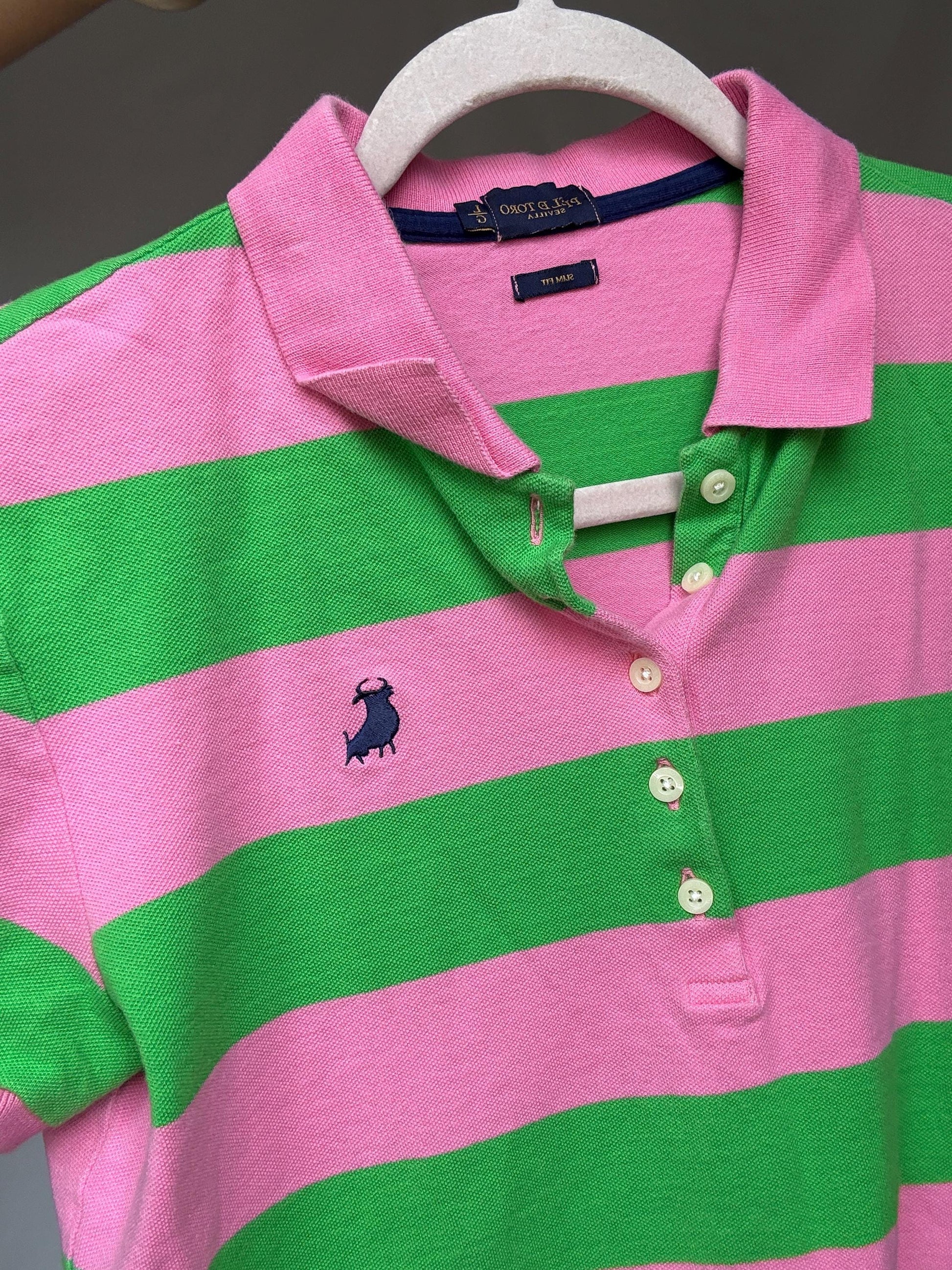 Vibrant Pink and Green Striped Polo Shirt, Preppy Style, Size L Slim Fit, Ideal for Casual and Y2K Aesthetics, made in Spain