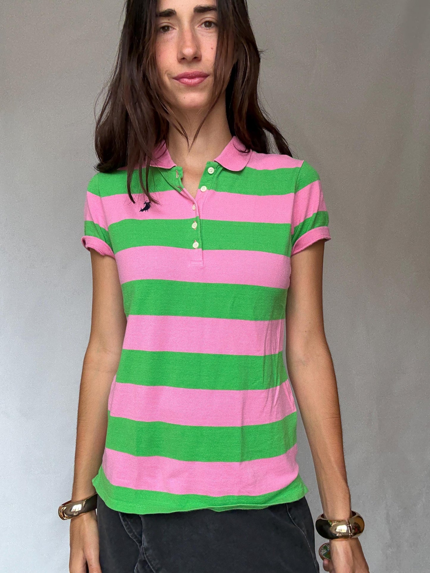 Vibrant Pink and Green Striped Polo Shirt, Preppy Style, Size L Slim Fit, Ideal for Casual and Y2K Aesthetics, made in Spain