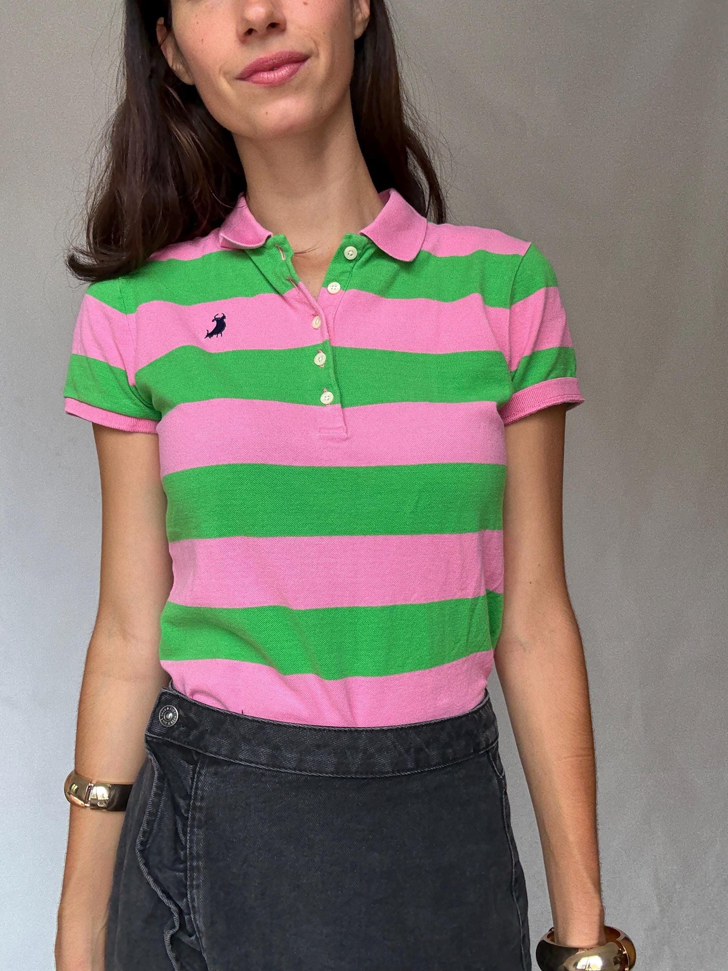 Vibrant Pink and Green Striped Polo Shirt, Preppy Style, Size L Slim Fit, Ideal for Casual and Y2K Aesthetics, made in Spain