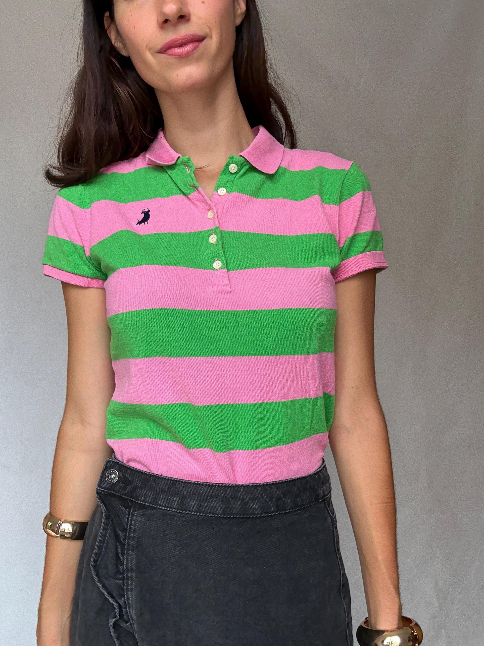 Vibrant Pink and Green Striped Polo Shirt, Preppy Style, Size L Slim Fit, Ideal for Casual and Y2K Aesthetics, made in Spain