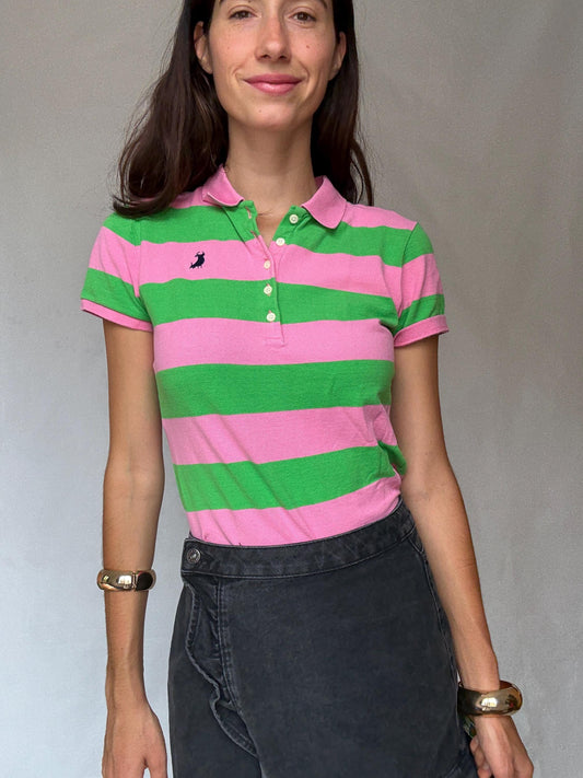 Vibrant Pink and Green Striped Polo Shirt, Preppy Style, Size L Slim Fit, Ideal for Casual and Y2K Aesthetics, made in Spain