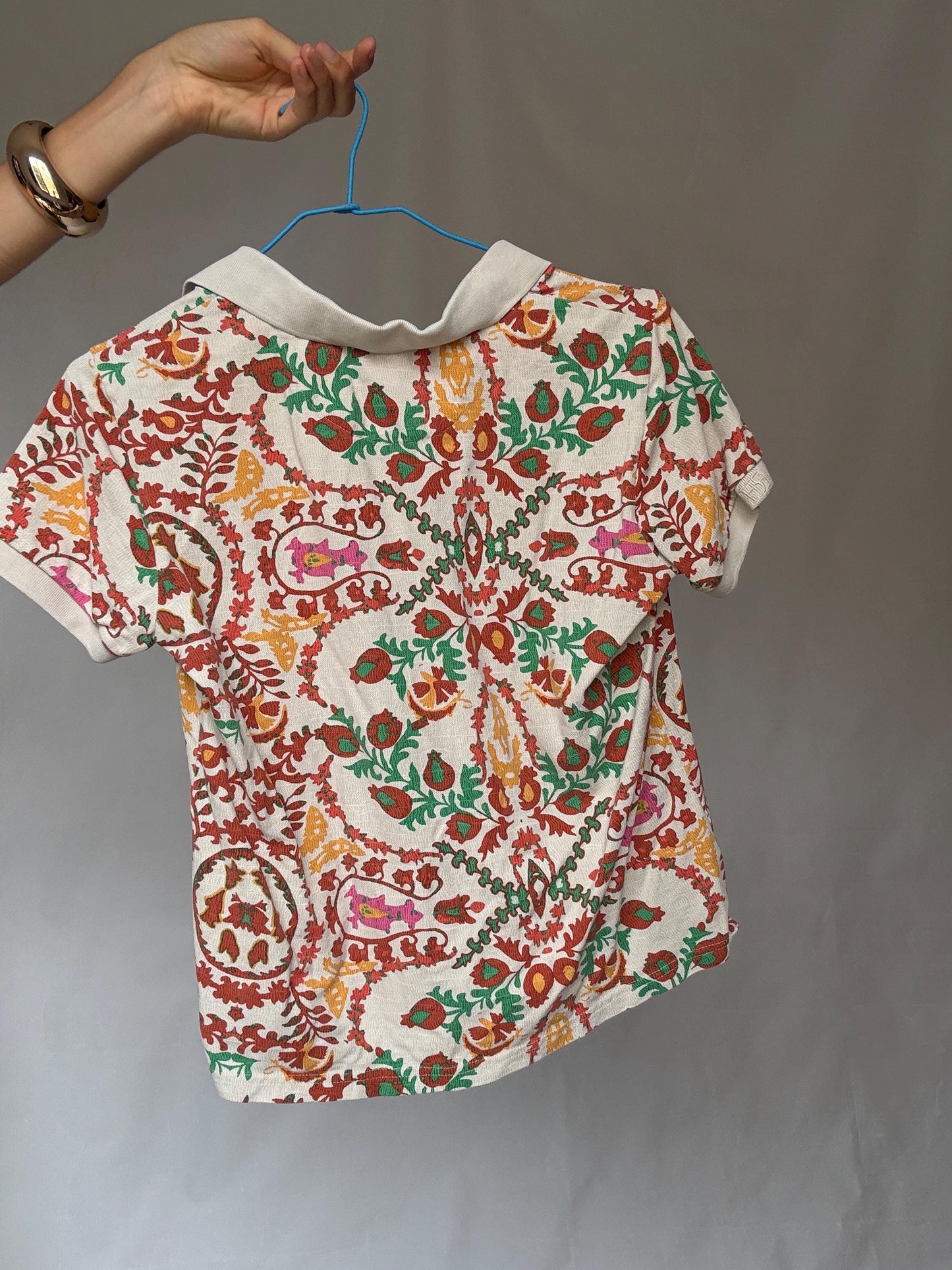 Pedro del Hierro colourful polo shirt, patterned short sleeve top, Luxury Spanish designer clothing, size S
