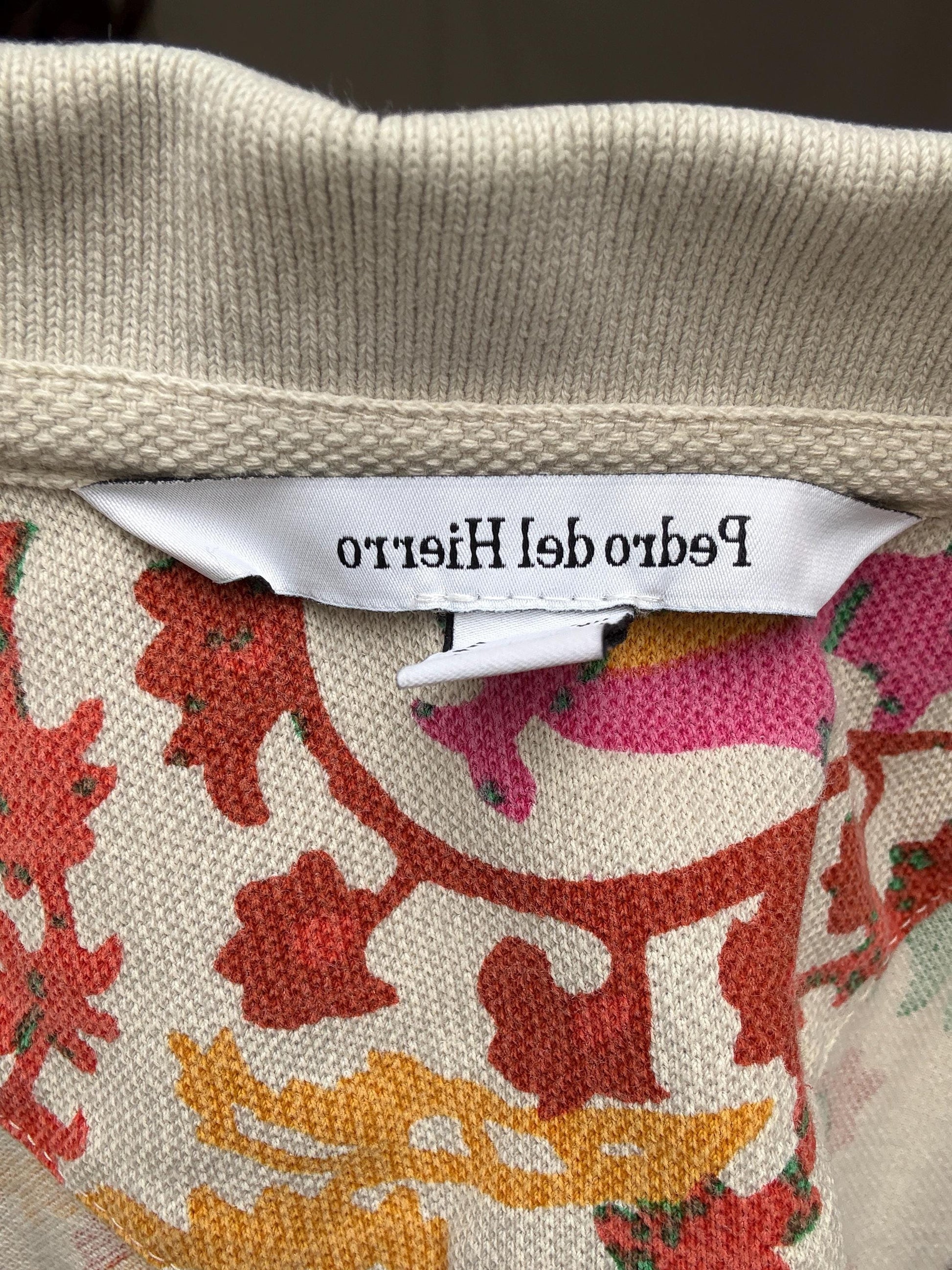 Pedro del Hierro colourful polo shirt, patterned short sleeve top, Luxury Spanish designer clothing, size S