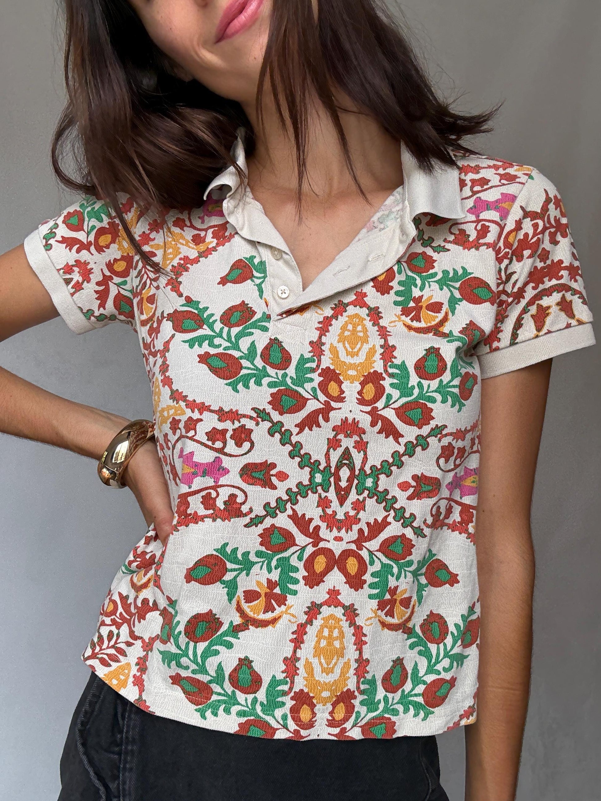 Pedro del Hierro colourful polo shirt, patterned short sleeve top, Luxury Spanish designer clothing, size S