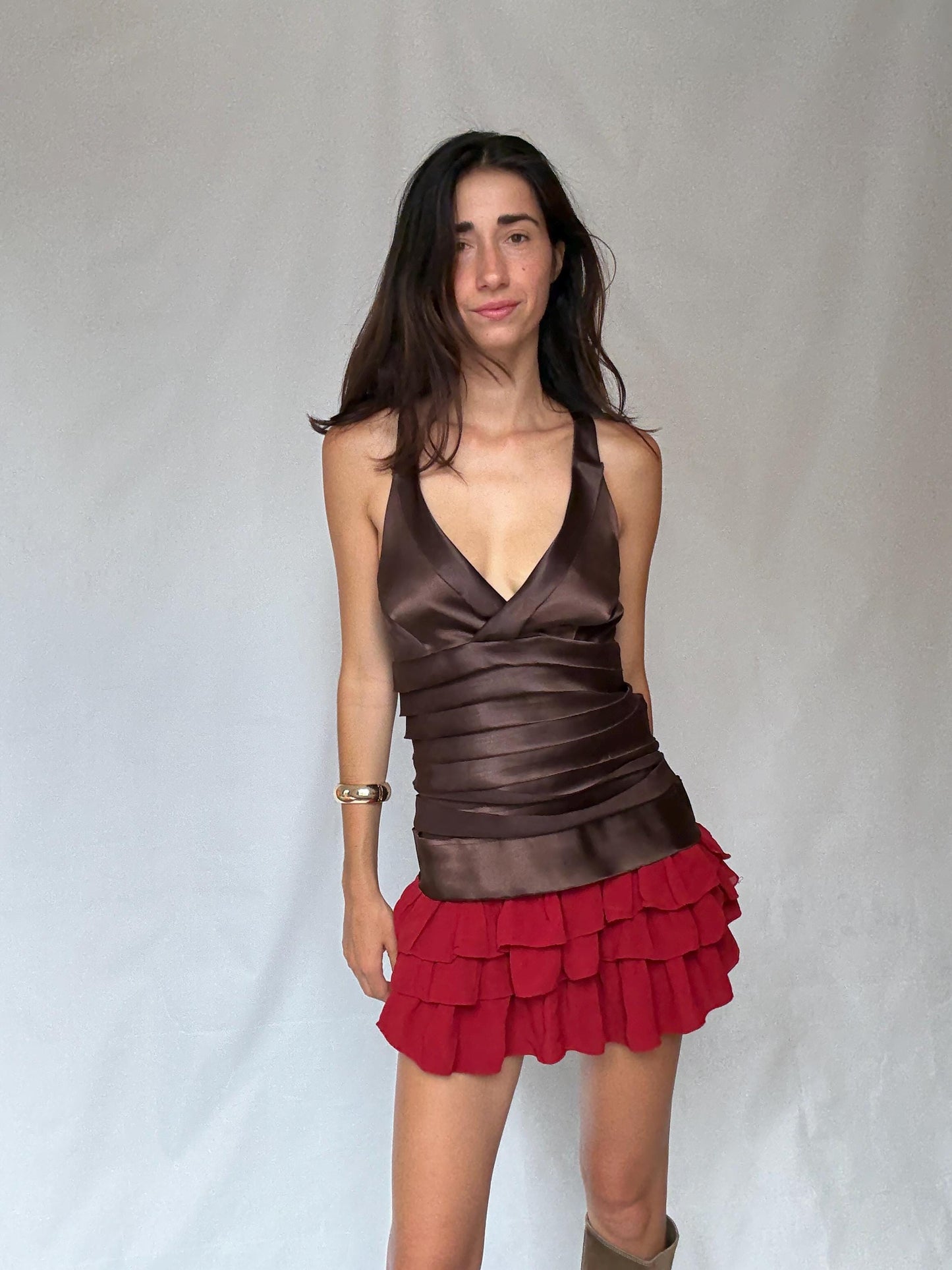 Adolfo Dominguez luxury brown satin camisole, deep V neckline top, size 38