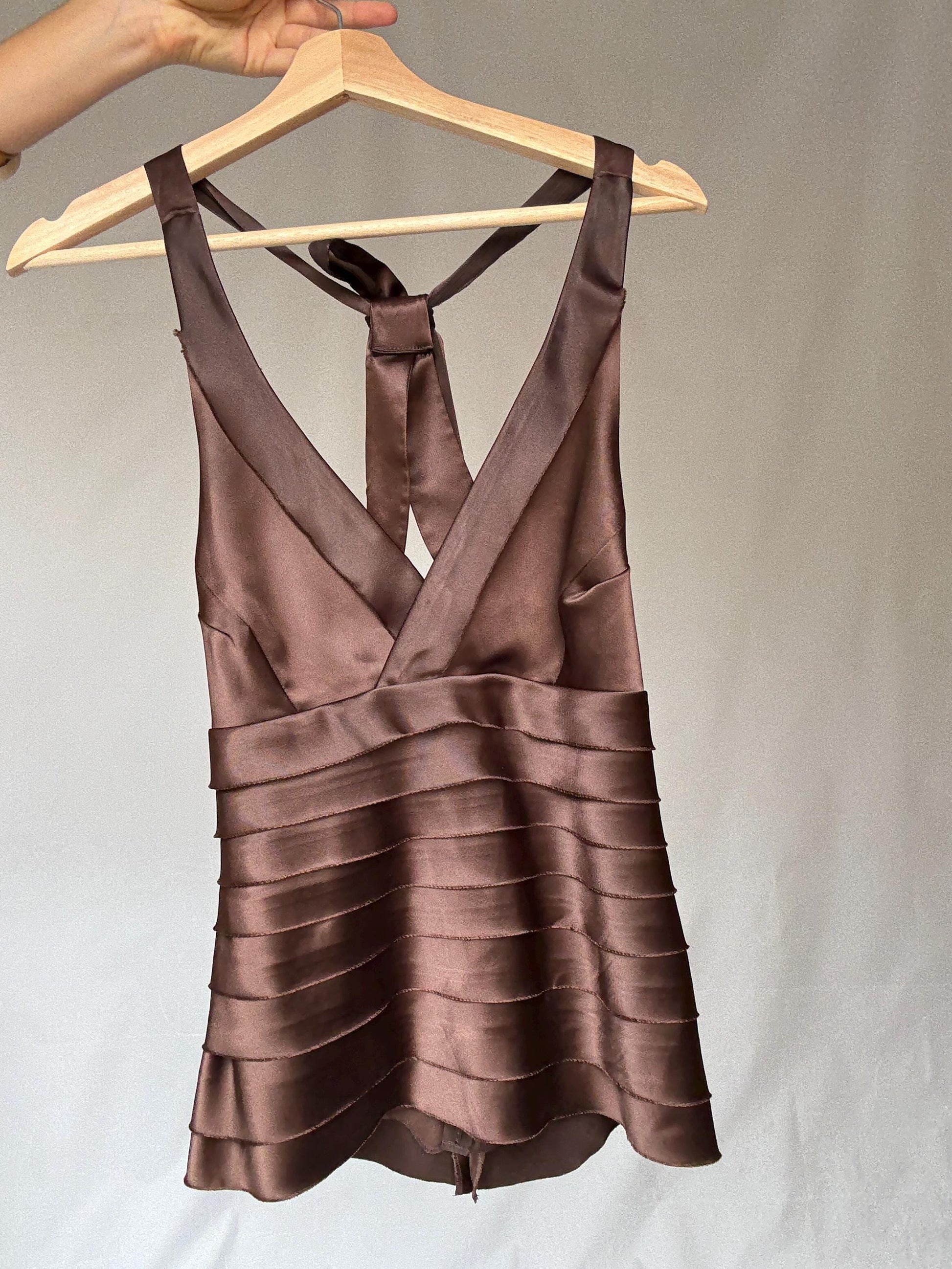 Adolfo Dominguez luxury brown satin camisole, deep V neckline top, size 38