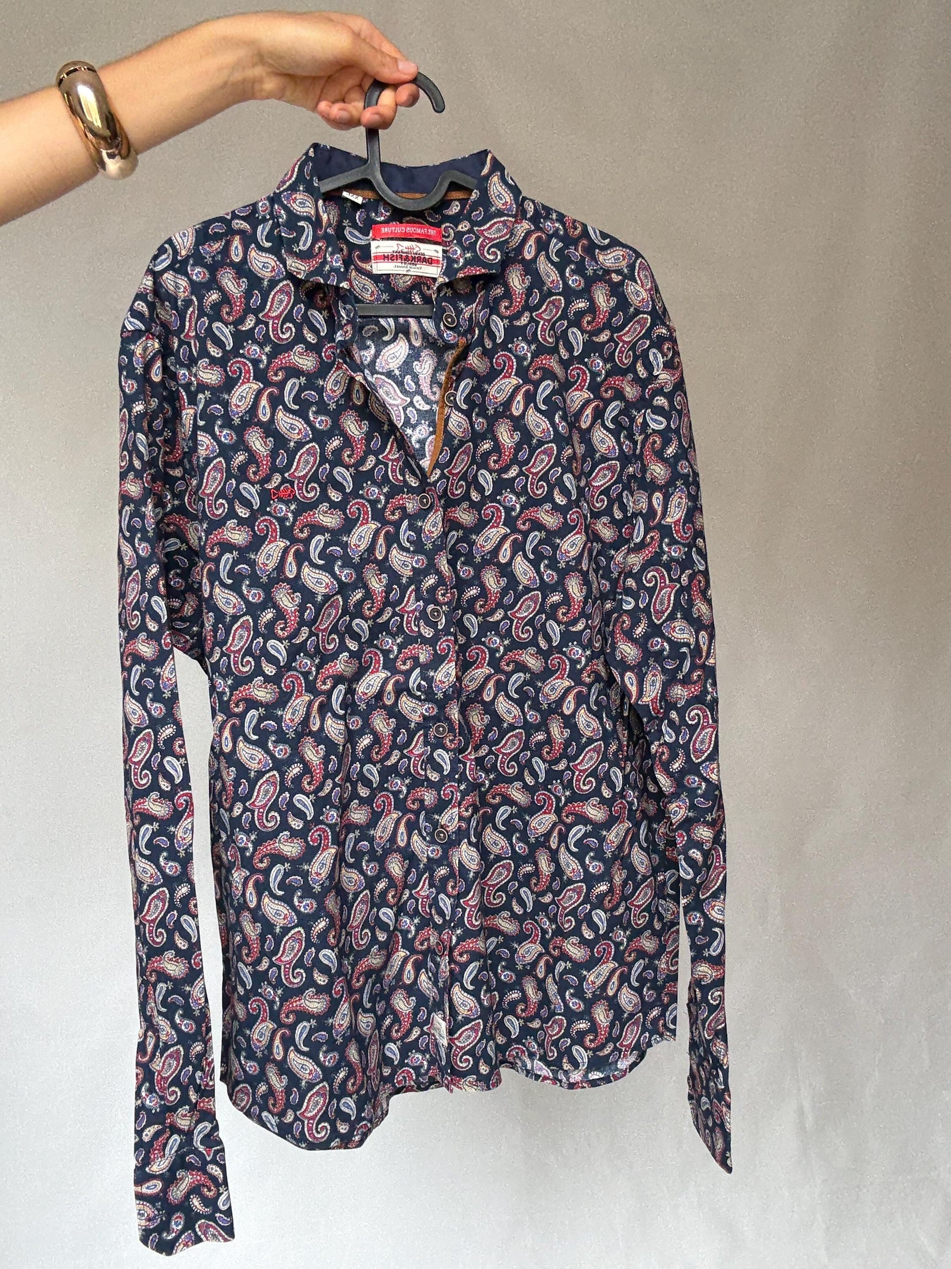 Vintage paisley button up shirt Dark & Fish XXL – unisex oversized retro cotton style, Playful print menswear