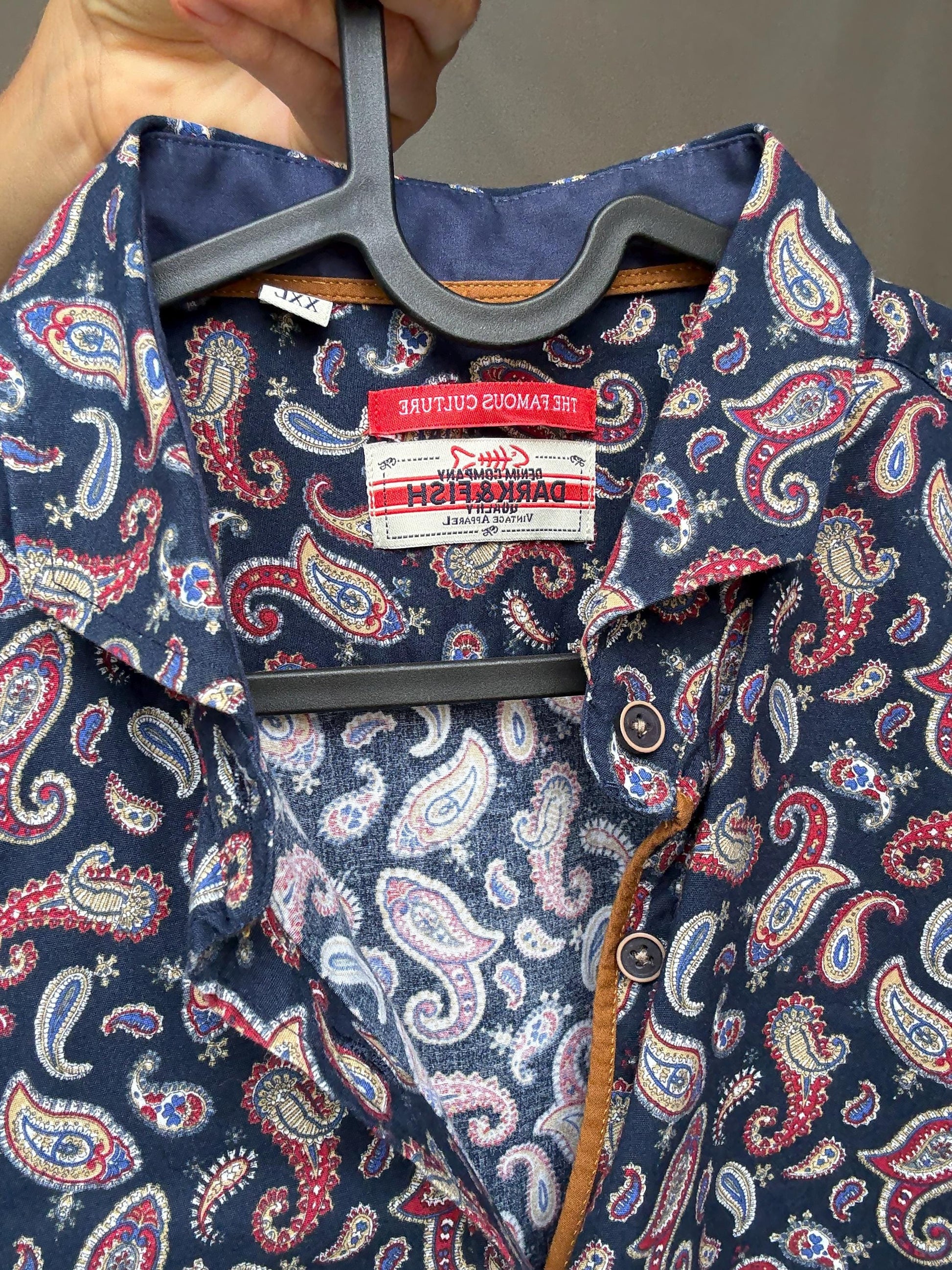 Vintage paisley button up shirt Dark & Fish XXL – unisex oversized retro cotton style, Playful print menswear