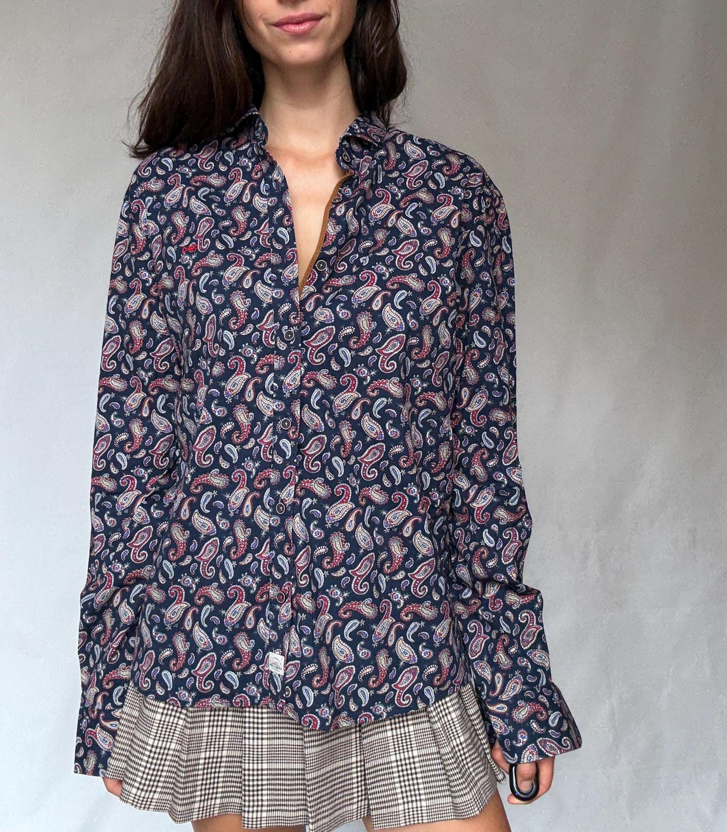 Vintage paisley button up shirt Dark & Fish XXL – unisex oversized retro cotton style, Playful print menswear