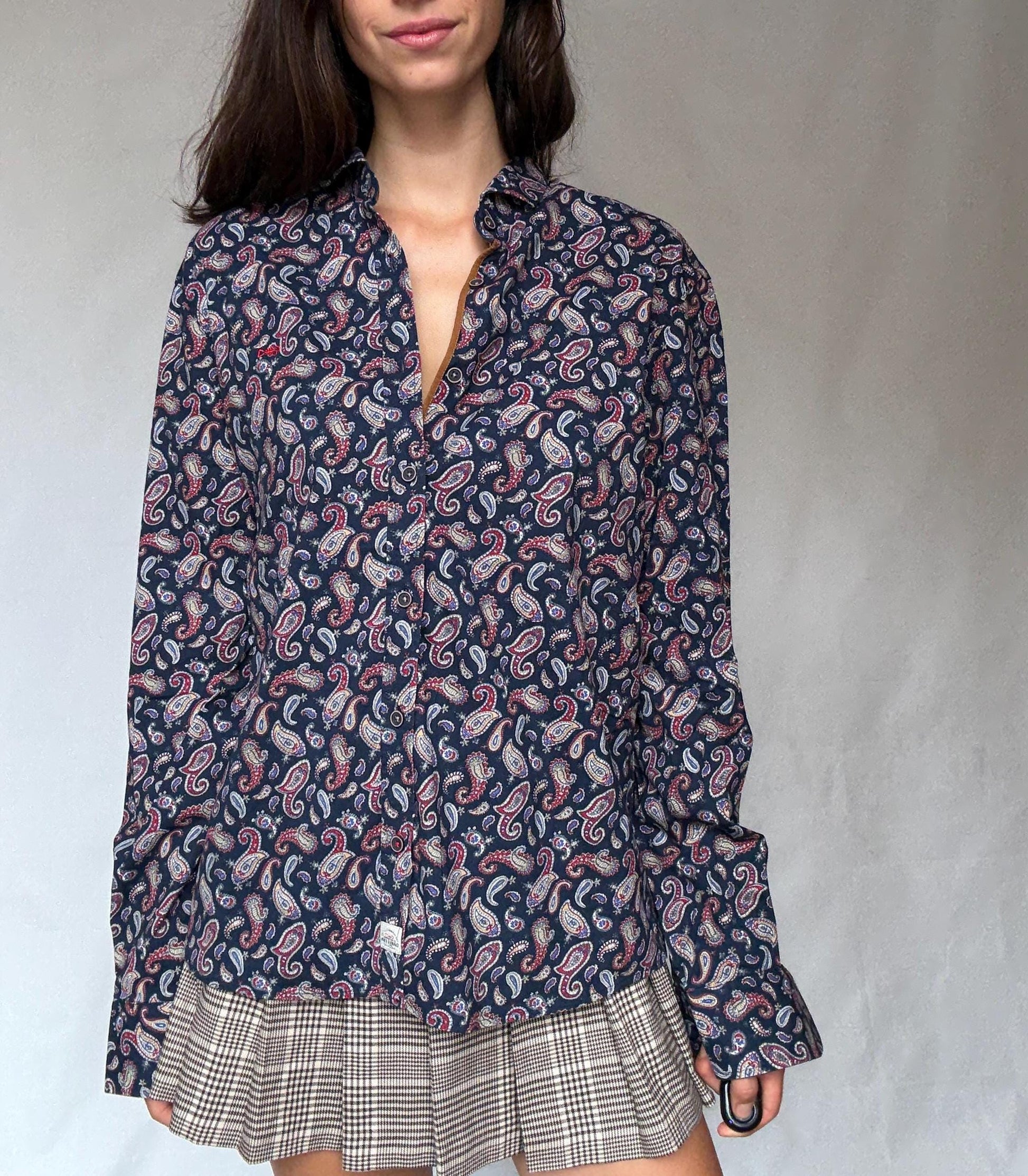 Vintage paisley button up shirt Dark & Fish XXL – unisex oversized retro cotton style, Playful print menswear