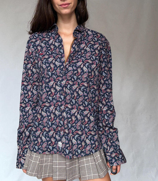 Vintage paisley button up shirt Dark & Fish XXL – unisex oversized retro cotton style, Playful print menswear