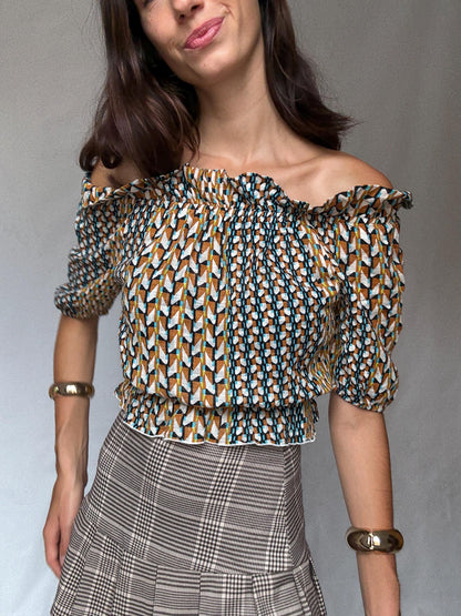 Geometric Print Metallic Crop Top — fabric close-up