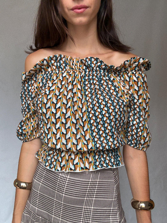 Playful crop top, off shoulder United Colors of Benetton blouse– geometric print metallic sparkle cotton shirt