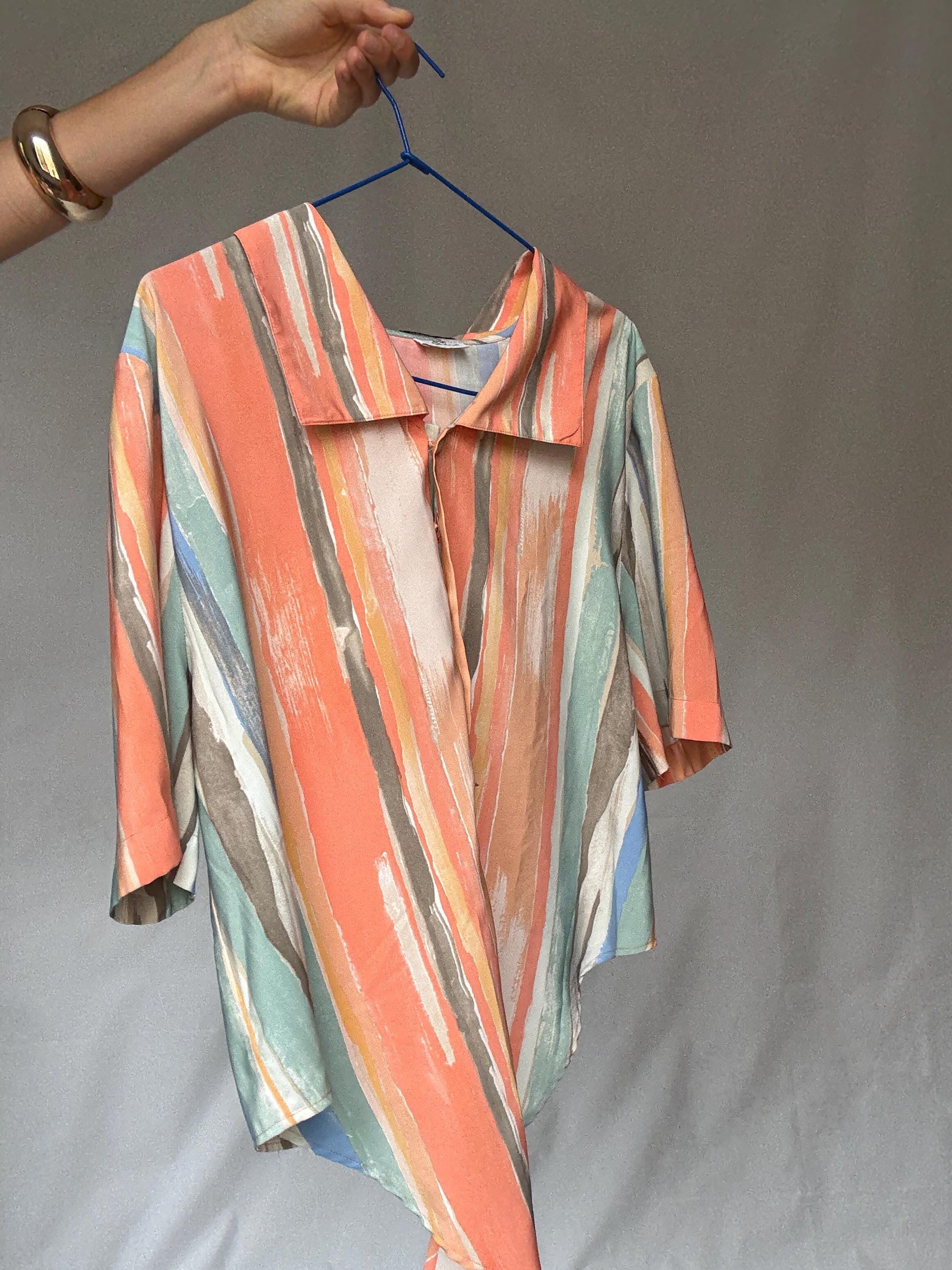 Vibrant Vintage Short-Sleeve Button Front Blouse Italy-Made Art Deco Pastel Stripe Indie Sleaze Style for Retro Wardrobe