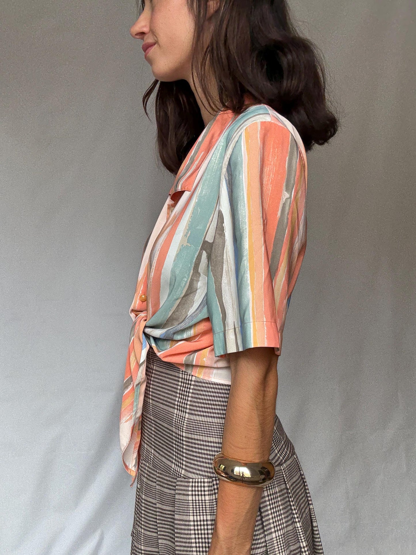 Vibrant Vintage Short-Sleeve Button Front Blouse Italy-Made Art Deco Pastel Stripe Indie Sleaze Style for Retro Wardrobe