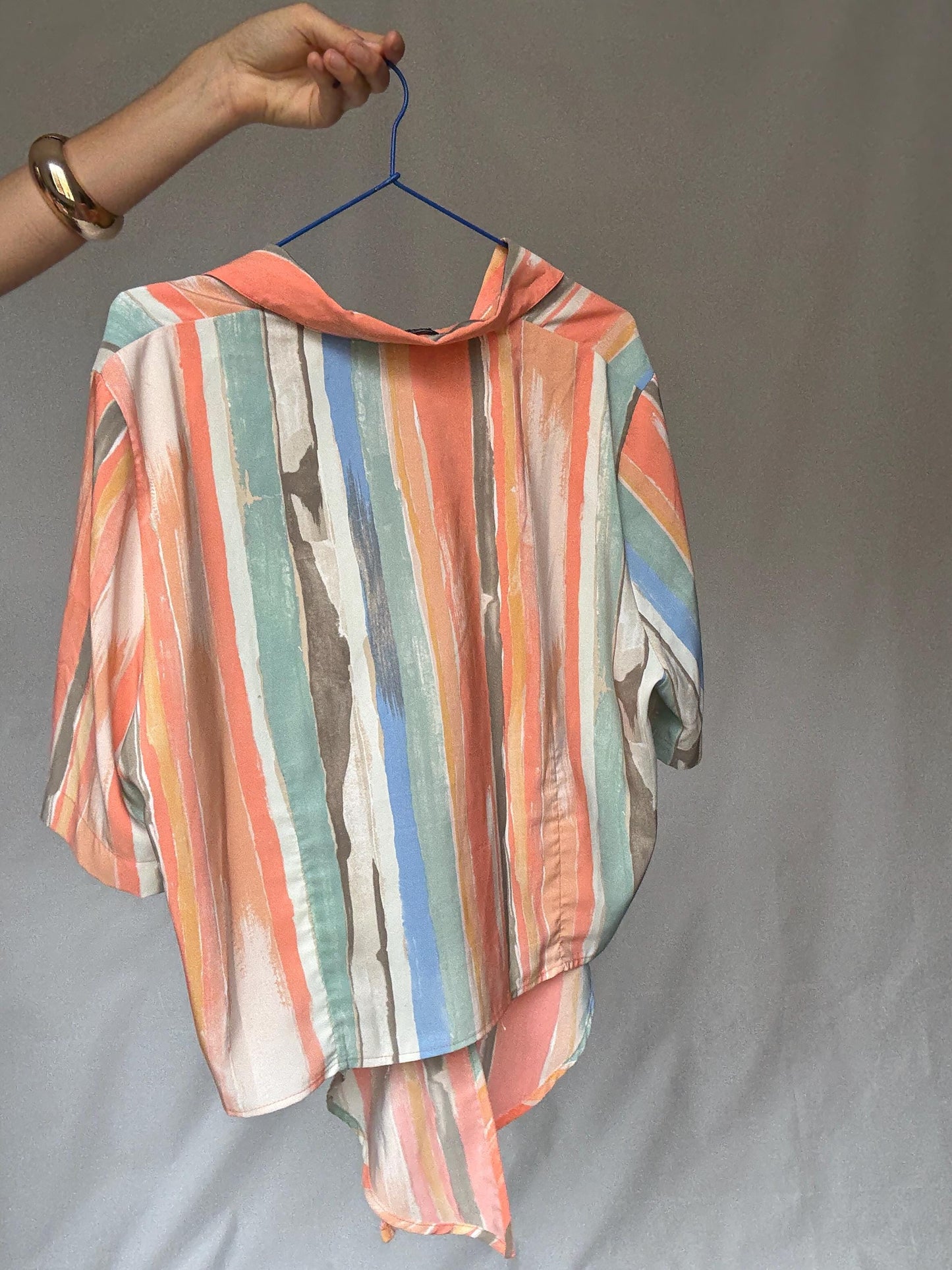 Vibrant Vintage Short-Sleeve Button Front Blouse Italy-Made Art Deco Pastel Stripe Indie Sleaze Style for Retro Wardrobe