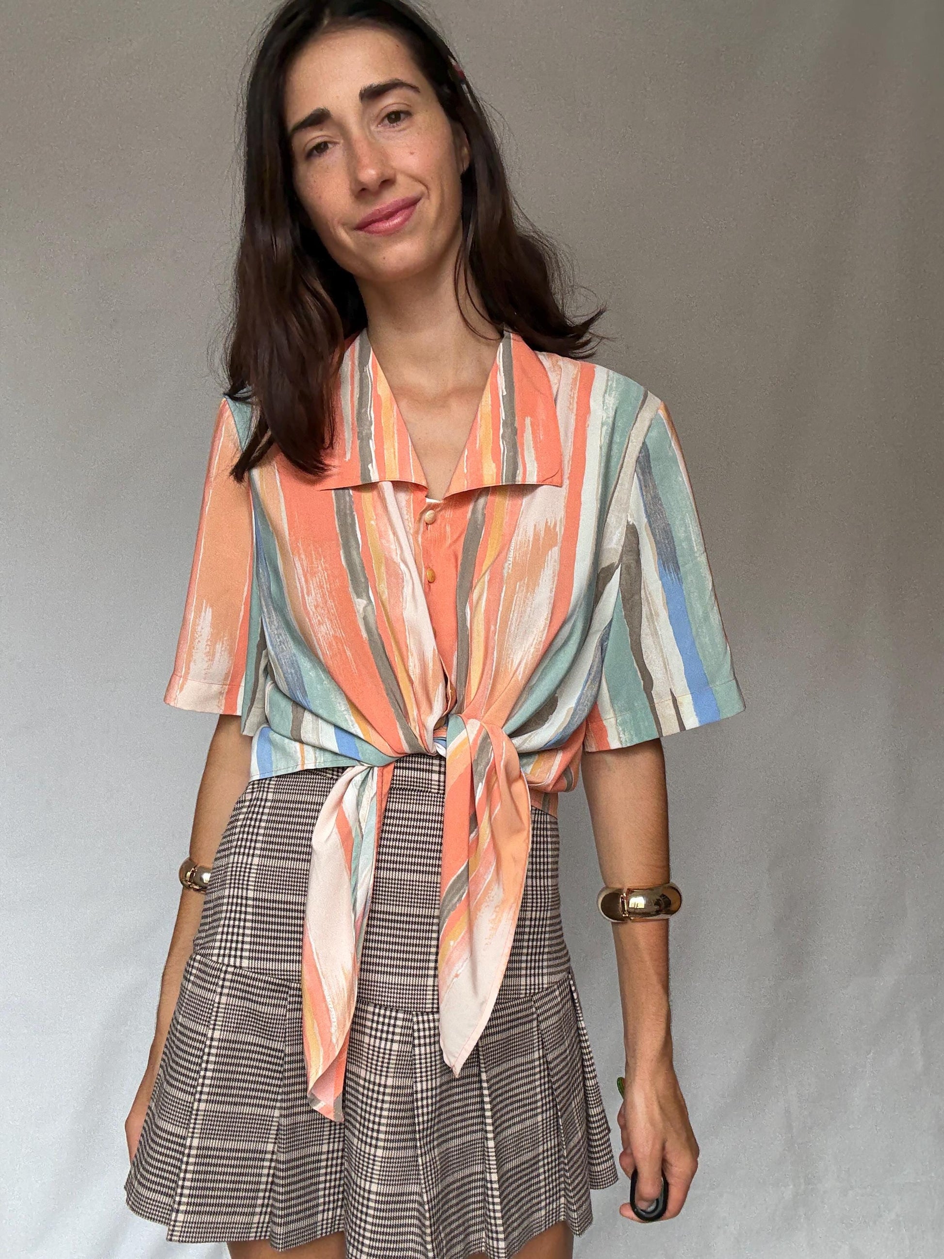 Vibrant Vintage Short-Sleeve Button Front Blouse Italy-Made Art Deco Pastel Stripe Indie Sleaze Style for Retro Wardrobe