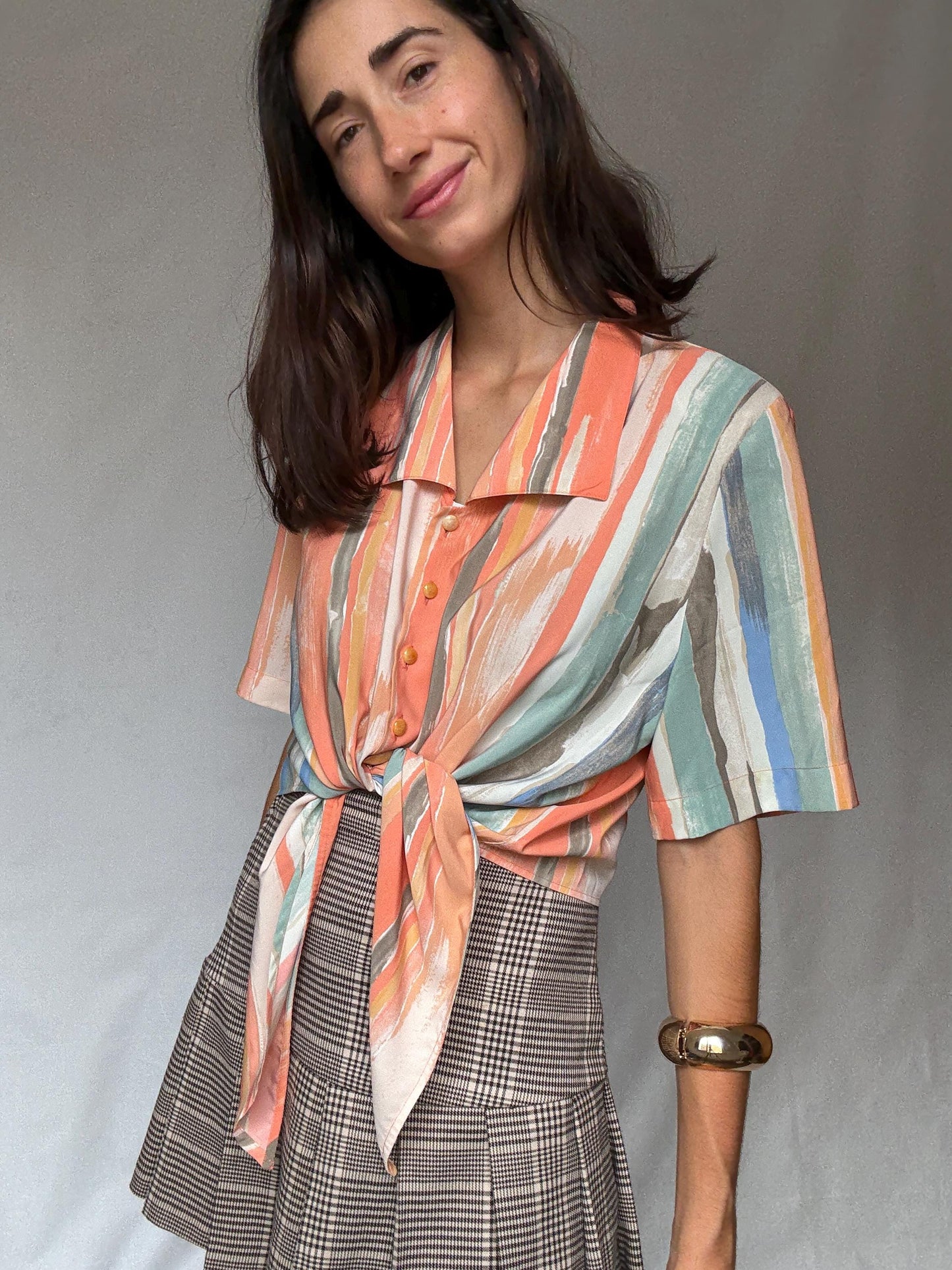 Vibrant Vintage Short-Sleeve Button Front Blouse Italy-Made Art Deco Pastel Stripe Indie Sleaze Style for Retro Wardrobe