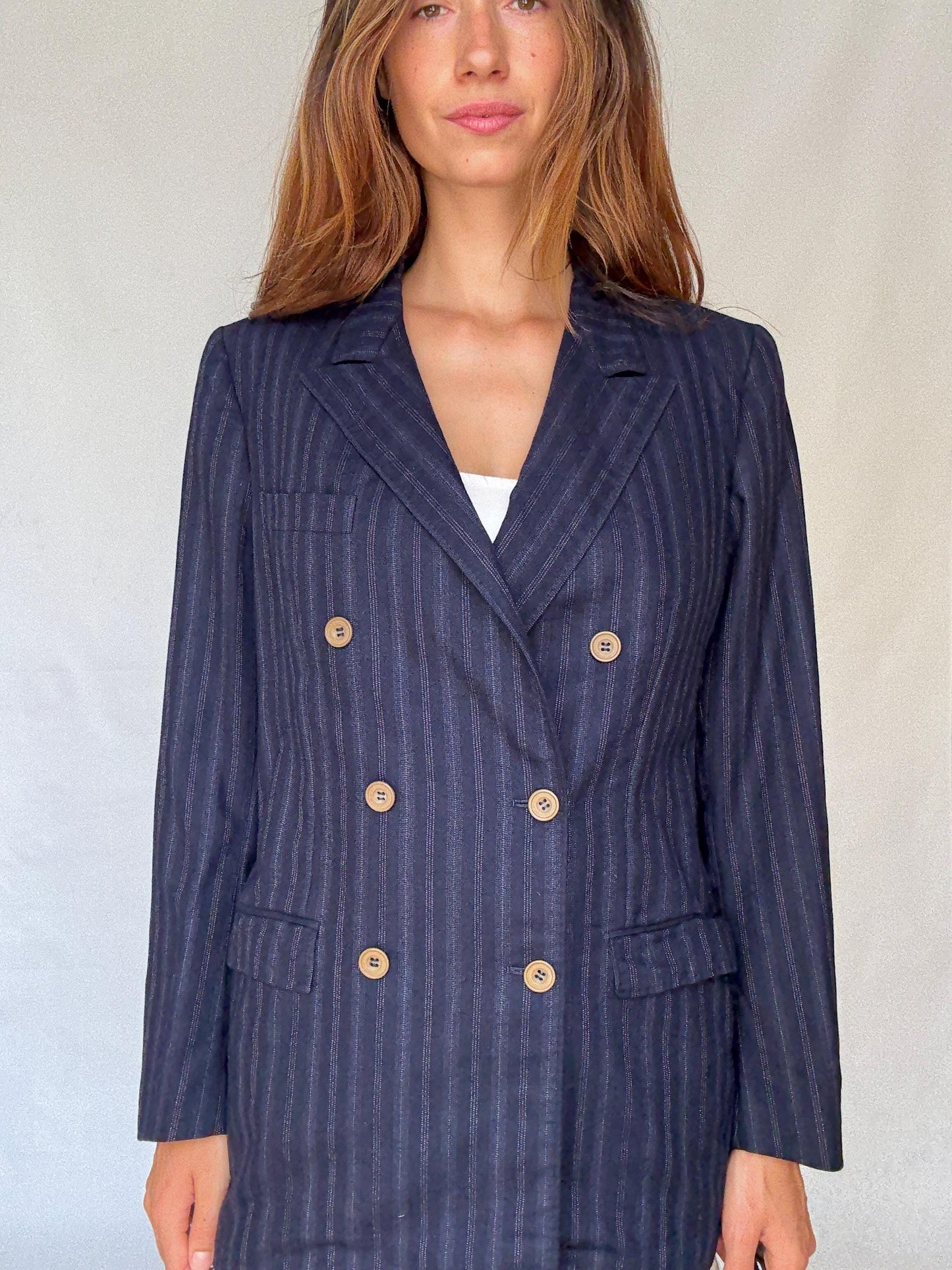 Vintage Francesco Smalto Pinstripe Blazer – Oversized French Navy Blue Unisex Jacket, Isabel Marant Vibes, Parisian Street Style