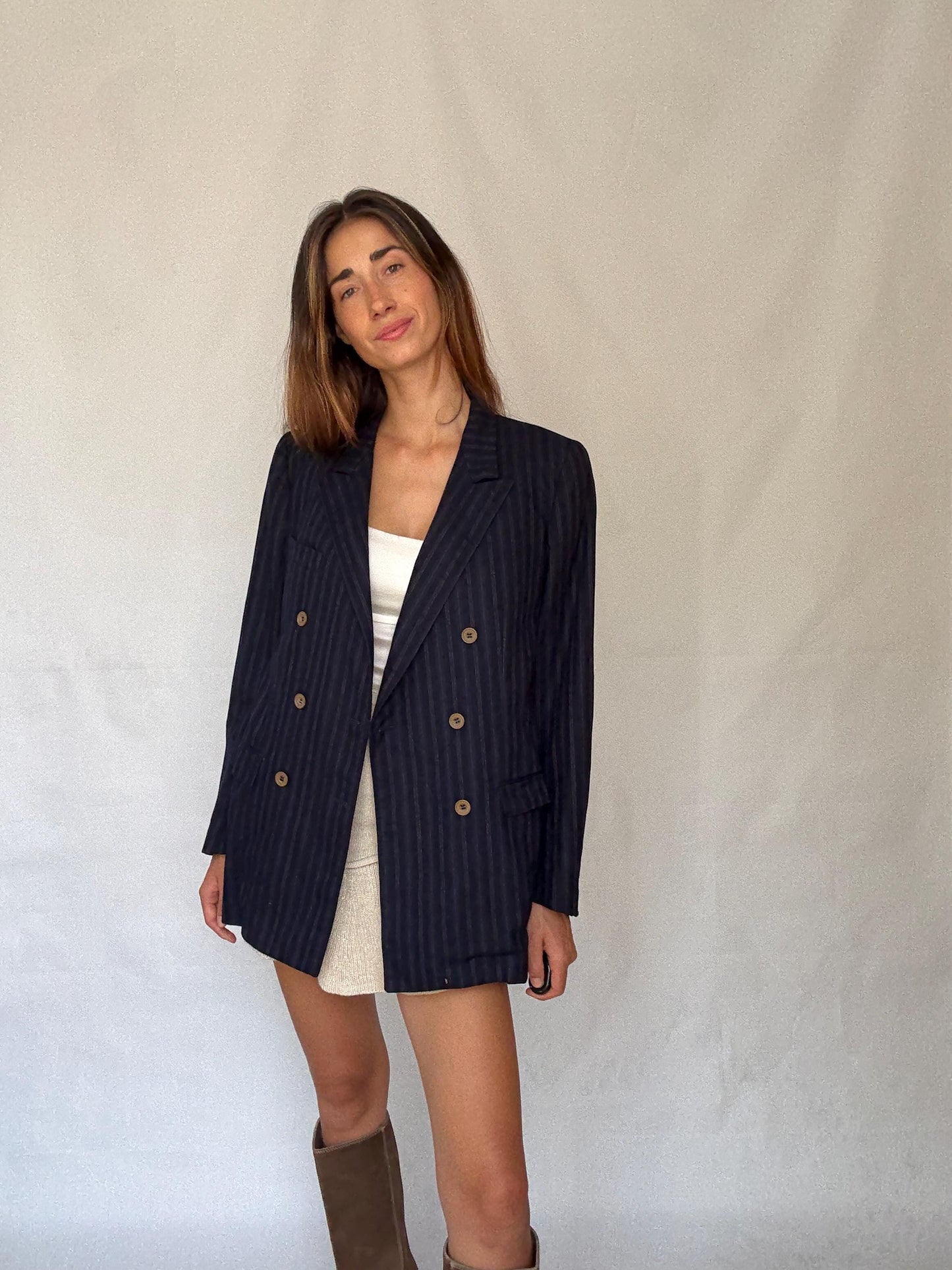 Vintage Francesco Smalto Pinstripe Blazer – Oversized French Navy Blue Unisex Jacket, Isabel Marant Vibes, Parisian Street Style