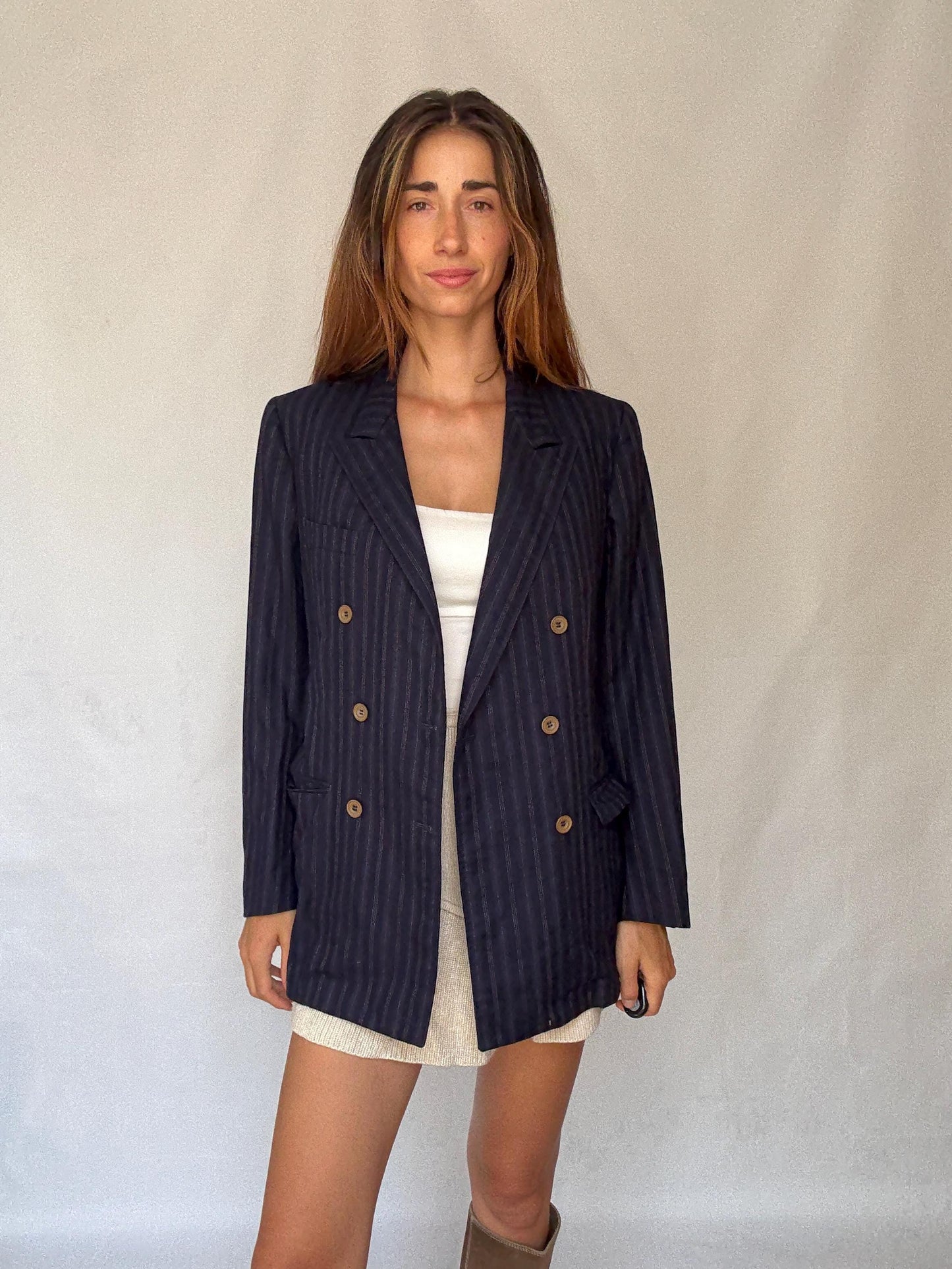 Vintage Francesco Smalto Pinstripe Blazer – Oversized French Navy Blue Unisex Jacket, Isabel Marant Vibes, Parisian Street Style