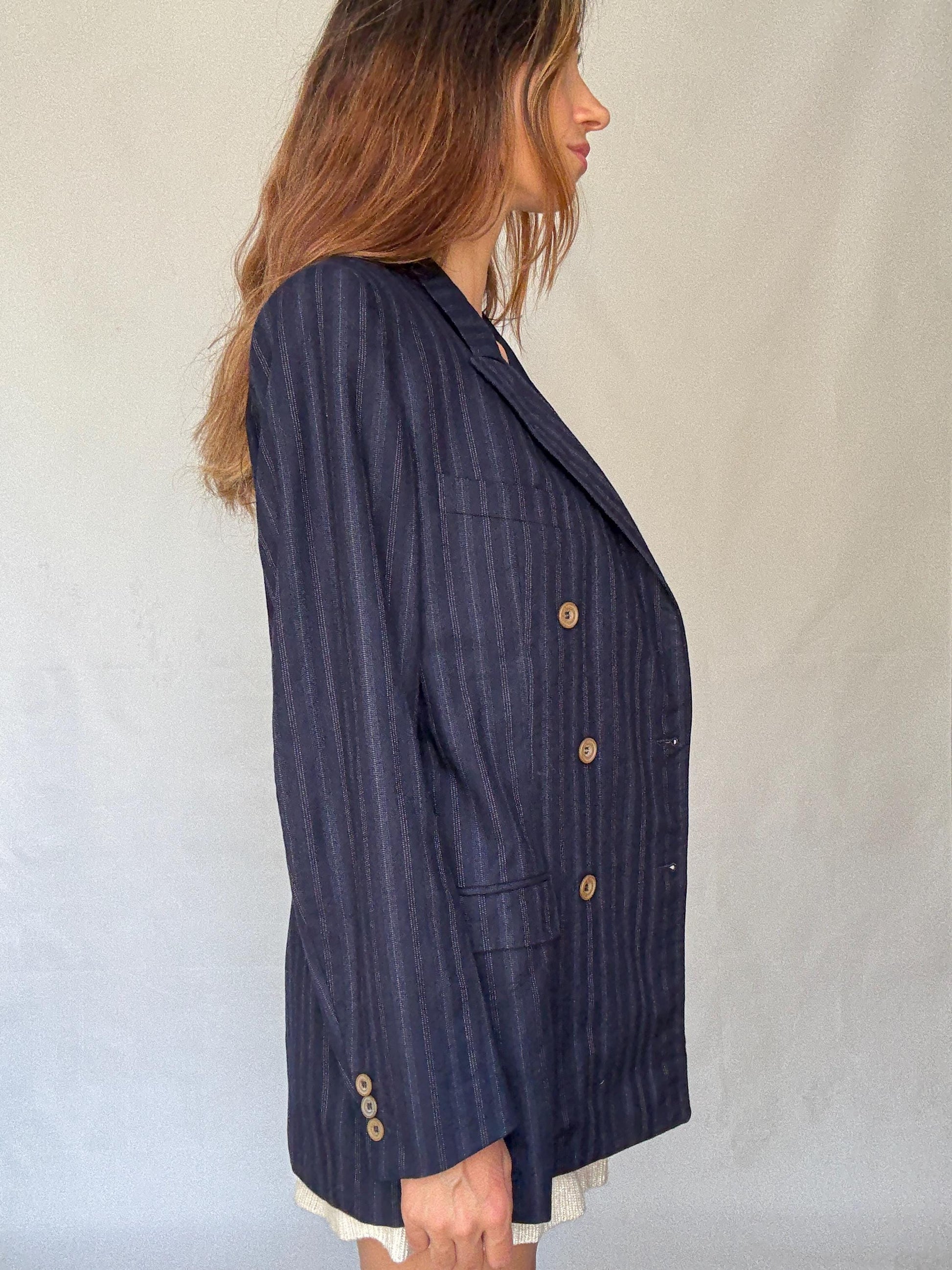 Vintage Francesco Smalto Pinstripe Blazer – Oversized French Navy Blue Unisex Jacket, Isabel Marant Vibes, Parisian Street Style