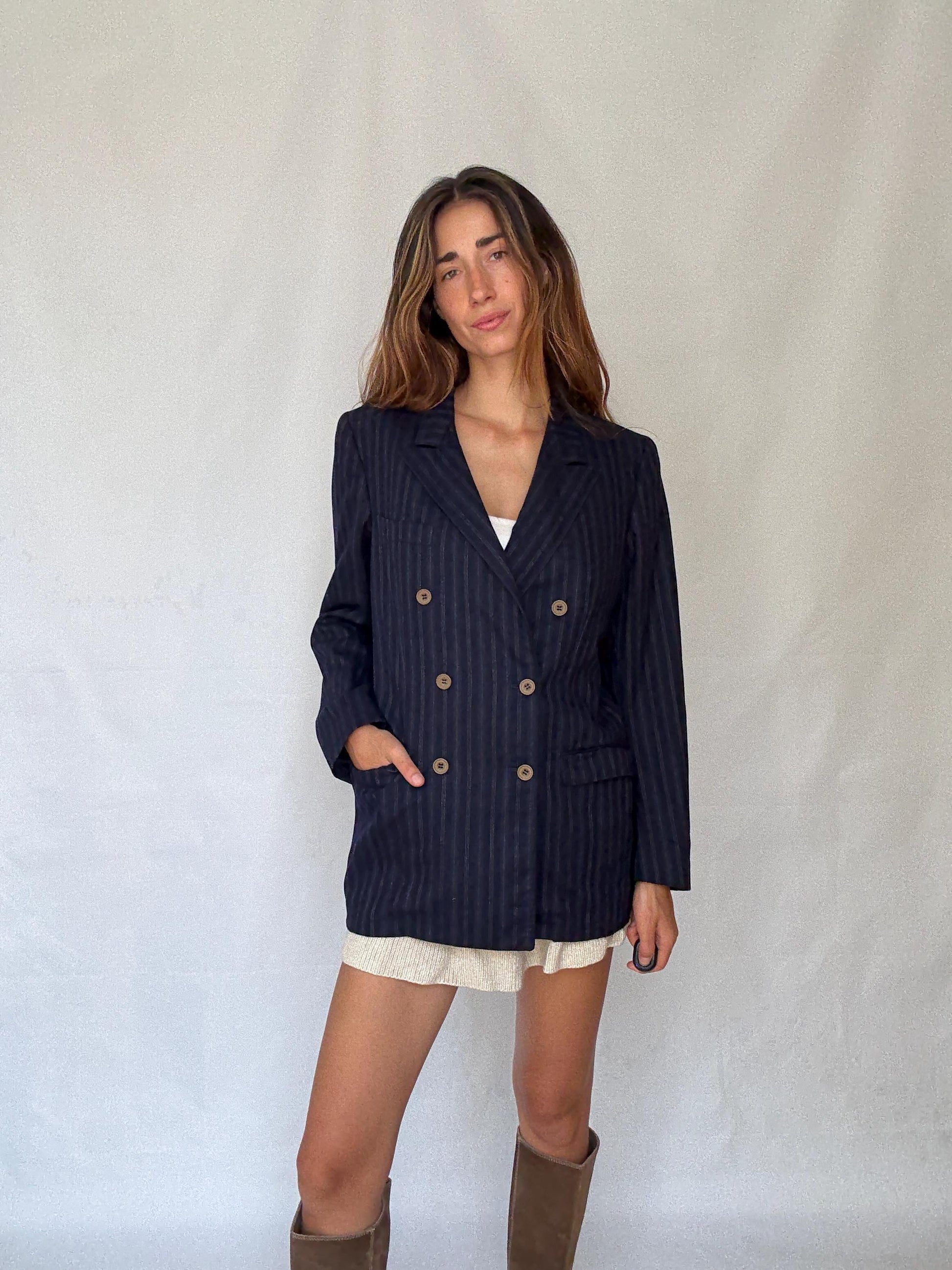 Vintage Francesco Smalto Pinstripe Blazer – Oversized French Navy Blue Unisex Jacket, Isabel Marant Vibes, Parisian Street Style