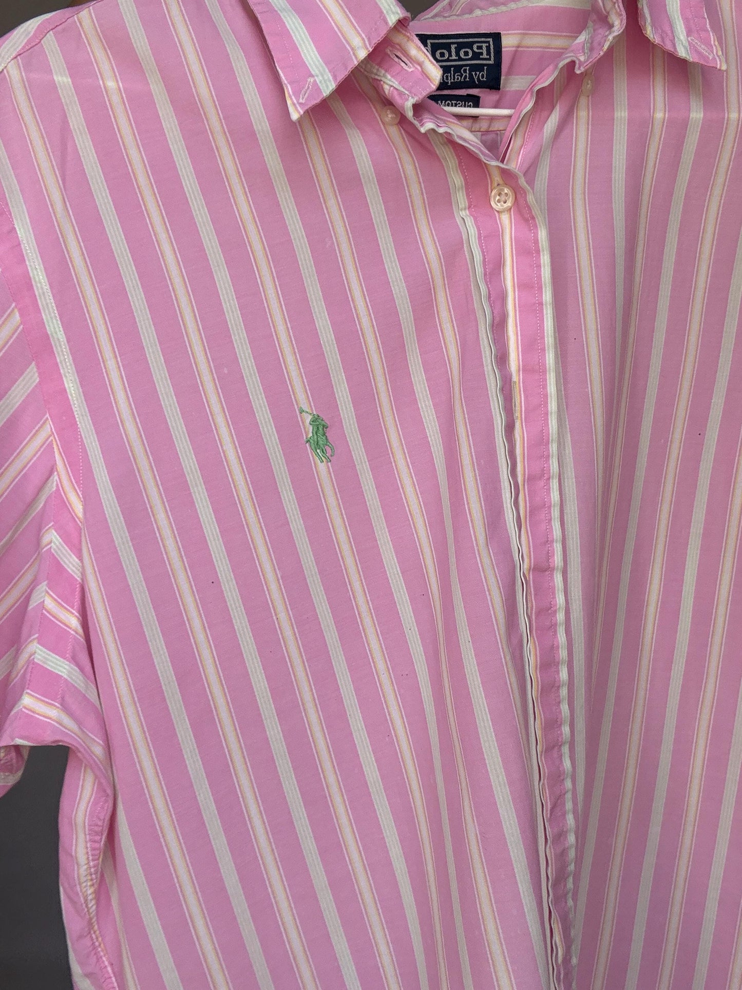 Vintage Ralph Lauren Pink Stripe Shirt – Custom Fit, Y2K Unisex Button Up, Preppy Soft Boy Style, 100% Cotton, Size L, 90s Polo