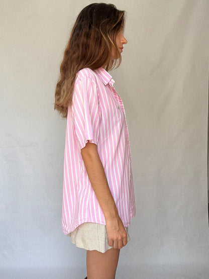 Vintage Pink Stripe Polo Shirt — fabric close-up