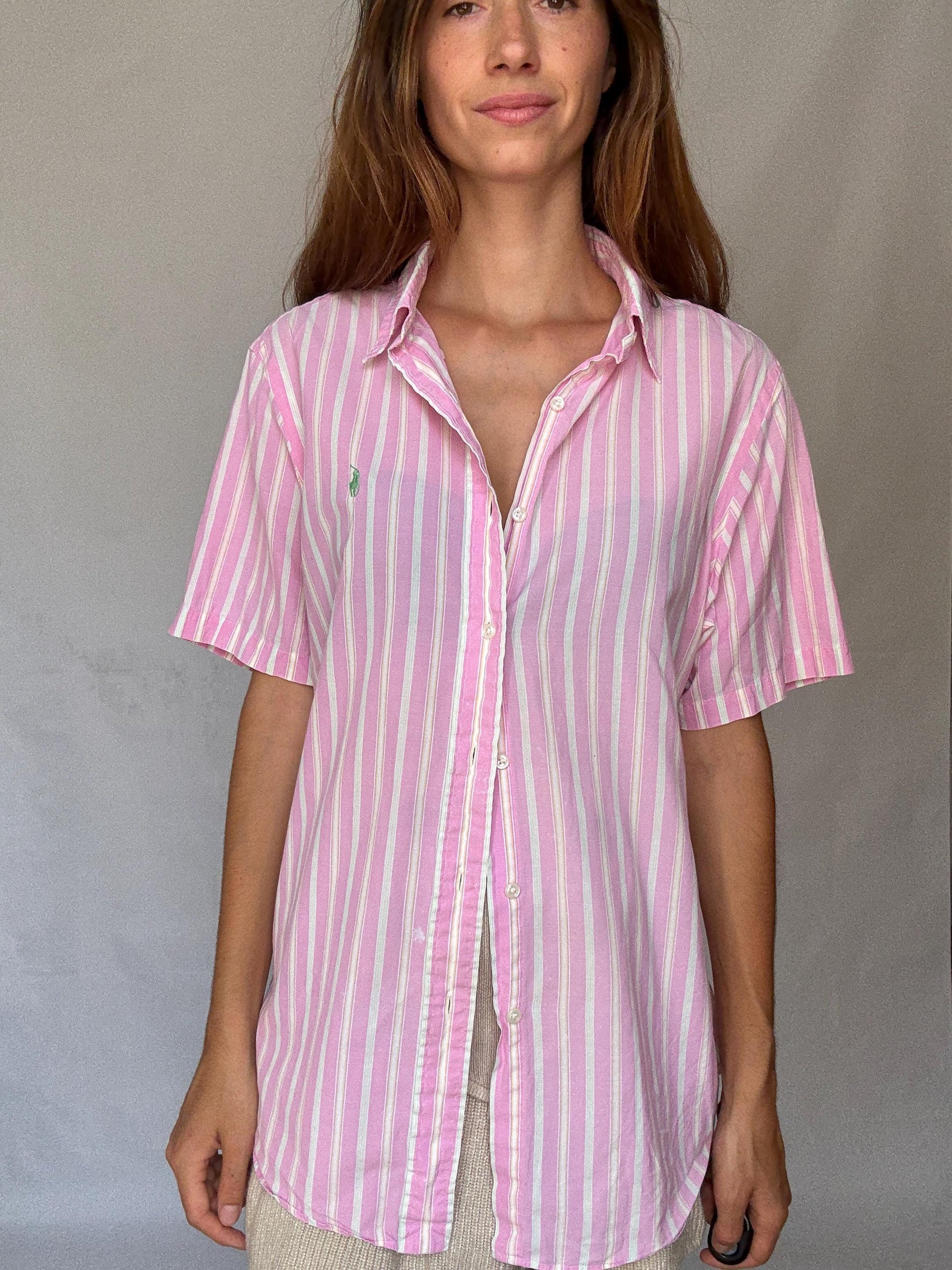 Vintage Ralph Lauren Pink Stripe Shirt – Custom Fit, Y2K Unisex Button Up, Preppy Soft Boy Style, 100% Cotton, Size L, 90s Polo