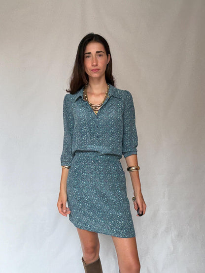 Silk Floral Mini Dress in Blue — detail