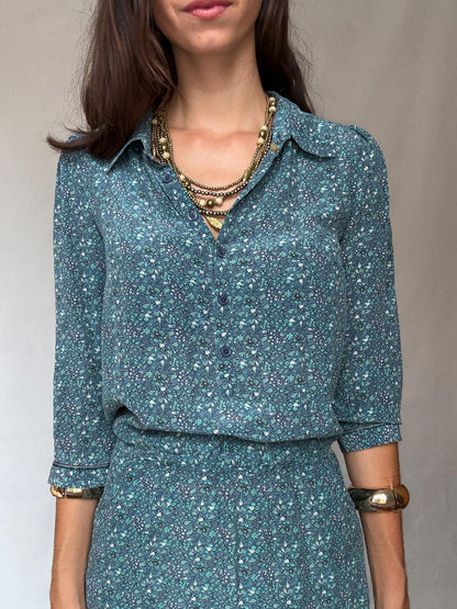 Silk Floral Mini Dress in Blue — fabric close-up