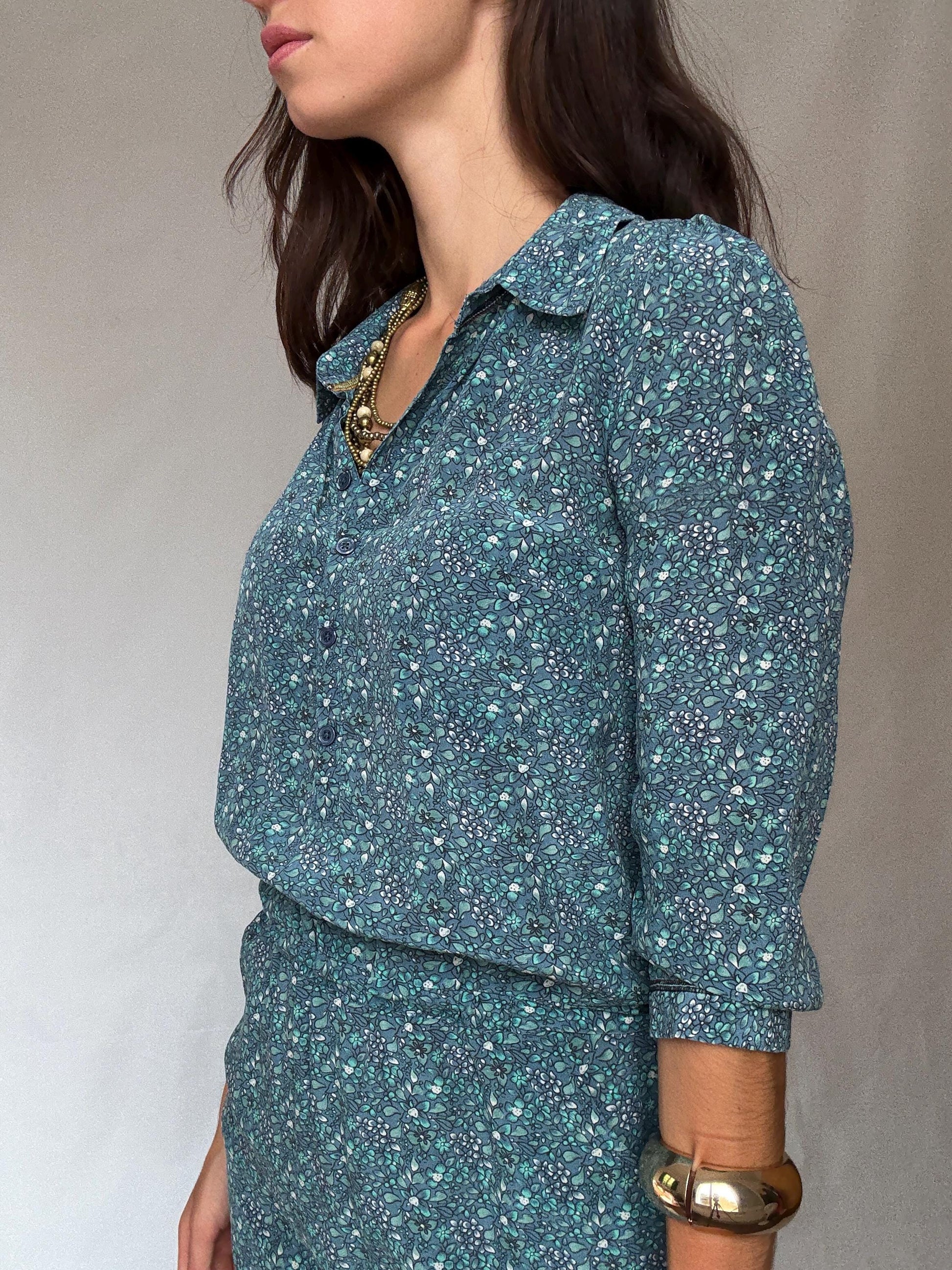 Silk Essential Antwerp blue floral mini dress – size 38m simple and elegant flower print summer shirtdress