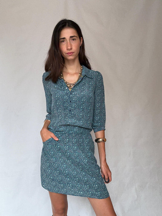 Silk Essential Antwerp blue floral mini dress – size 38m simple and elegant flower print summer shirtdress